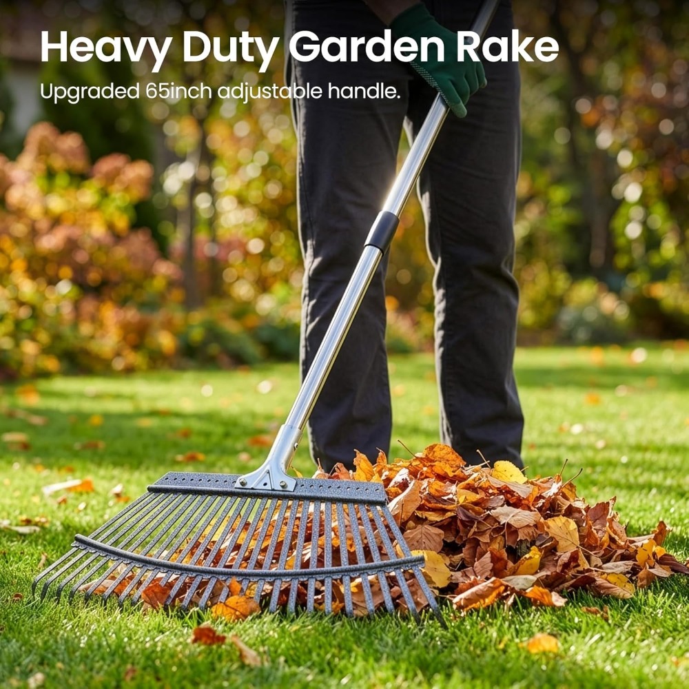 TEMU Heavy Duty 25- Metal Garden Rake – Adjustable 80–165 Cm Handle, 53 Cm Wide Steel Head For Leaf Raking, Lawn Leveling, Soil & Yard
