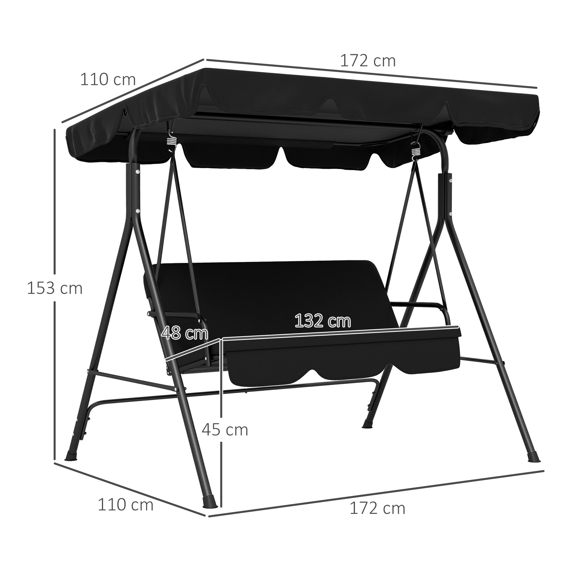 Balancier de jardin Outsunny 3 sièges, siège et dossier réglables, coussins 1,72L x 1,1L x 1,53H m noir acier noir polyester