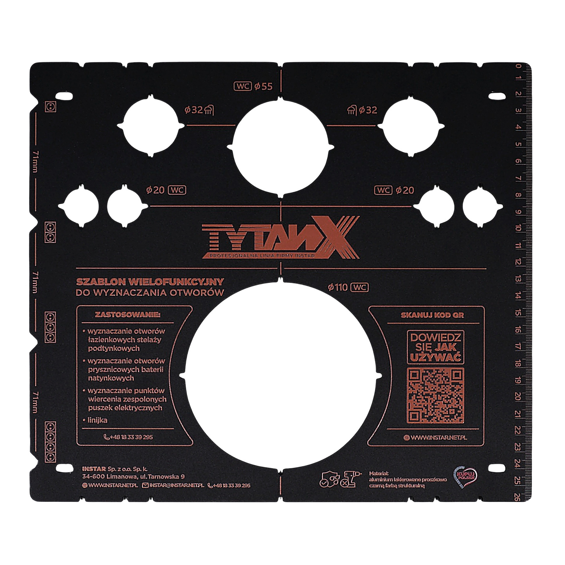 Image of Precision Tile Ruler & Hole Locator | Water-resistant Powder-coated Steel | Versatile 290x260mm Layout Guide