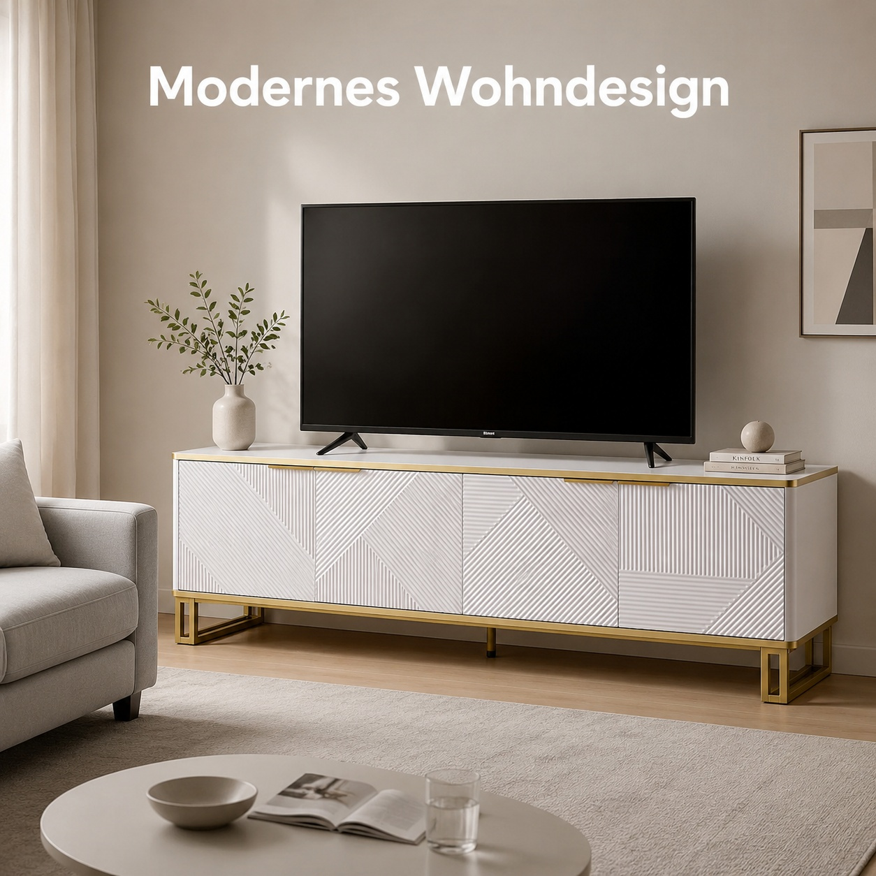 Image of Tv Cabinet 160x37.5x48 Cm With Open Compartments & Doors | Board With Golden Relief Optics | Cable Management For Tidy Organization | Stable Iron Cabinet | Living Room Furniture
