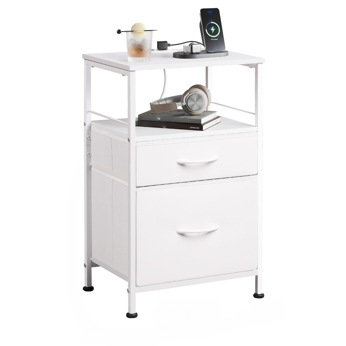 Bedside Table With Charging Function, Side Table With 2 Usb Ports & 2 Sockets, 3 Tier Bedside Cabinet For Bedroom, Living Room, Office, Rustic Brown/white