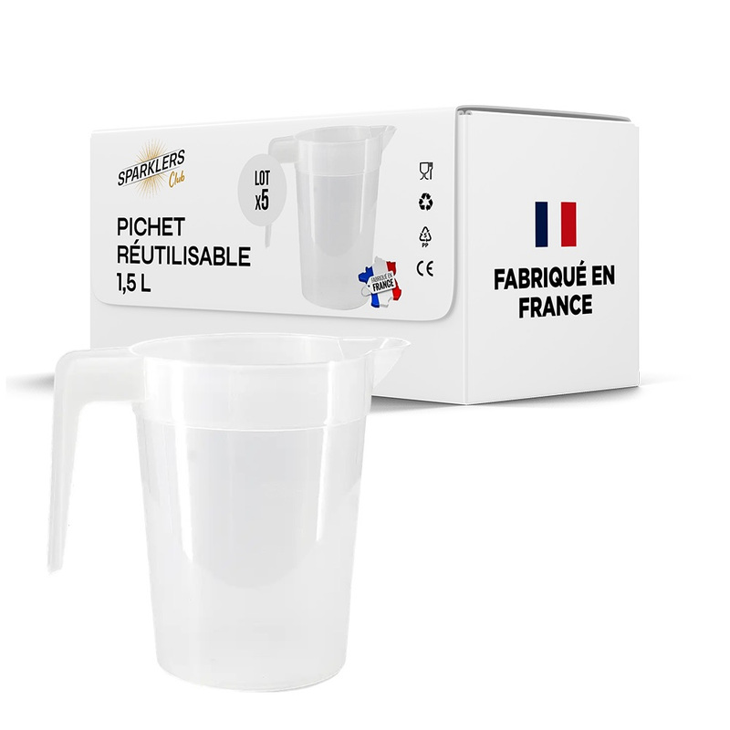 TEMU SPARKLERS CLUB Lot de 5 Pichets Réutilisables 1,5L en Polypropylène (PP) Alimentaire - Pichet Transparent et Empilable - Compatible