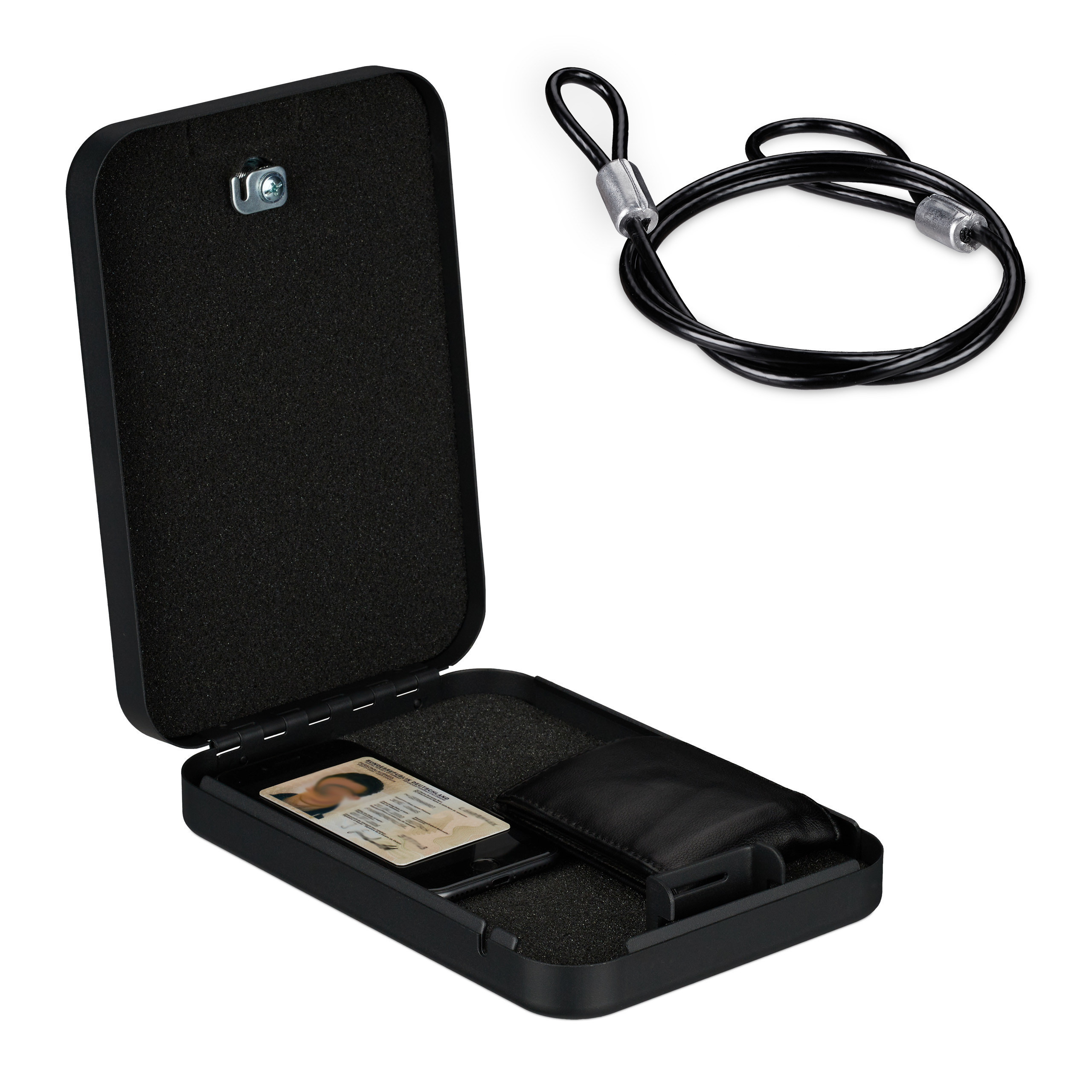 Image of Lockable , 2 Keys, Steel, 5 X 17 X 25 Cm, Black, With 94 Cm Steel Cable And Mounting Material, For Car, Motorhome, Hotel Room And Home, Mini Safe, , , Relaxdays.