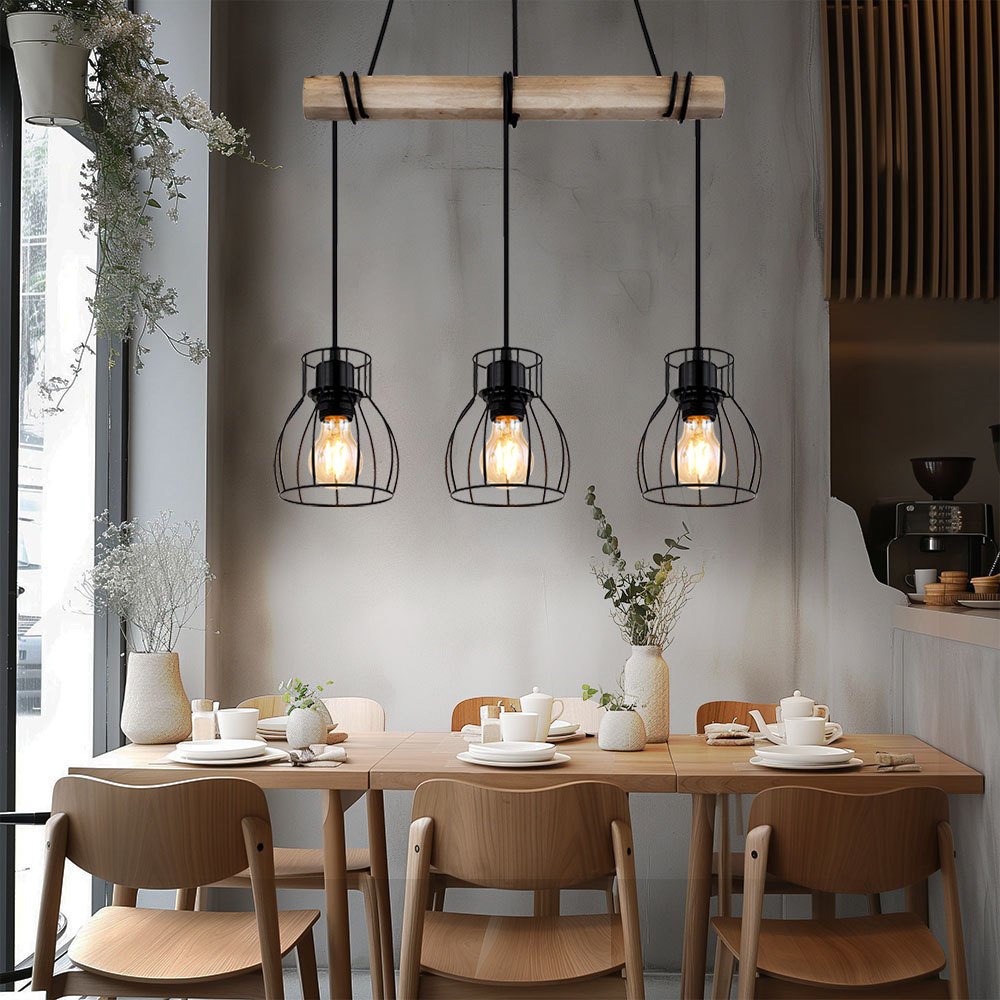 Image of Vintage Pendant Lamp Wooden Dining Table Lamp Retro Pendant Lamp With Wooden Beams, Black Metal, 3 X E27 Socket, Lxbxh 50x14x140 Cm