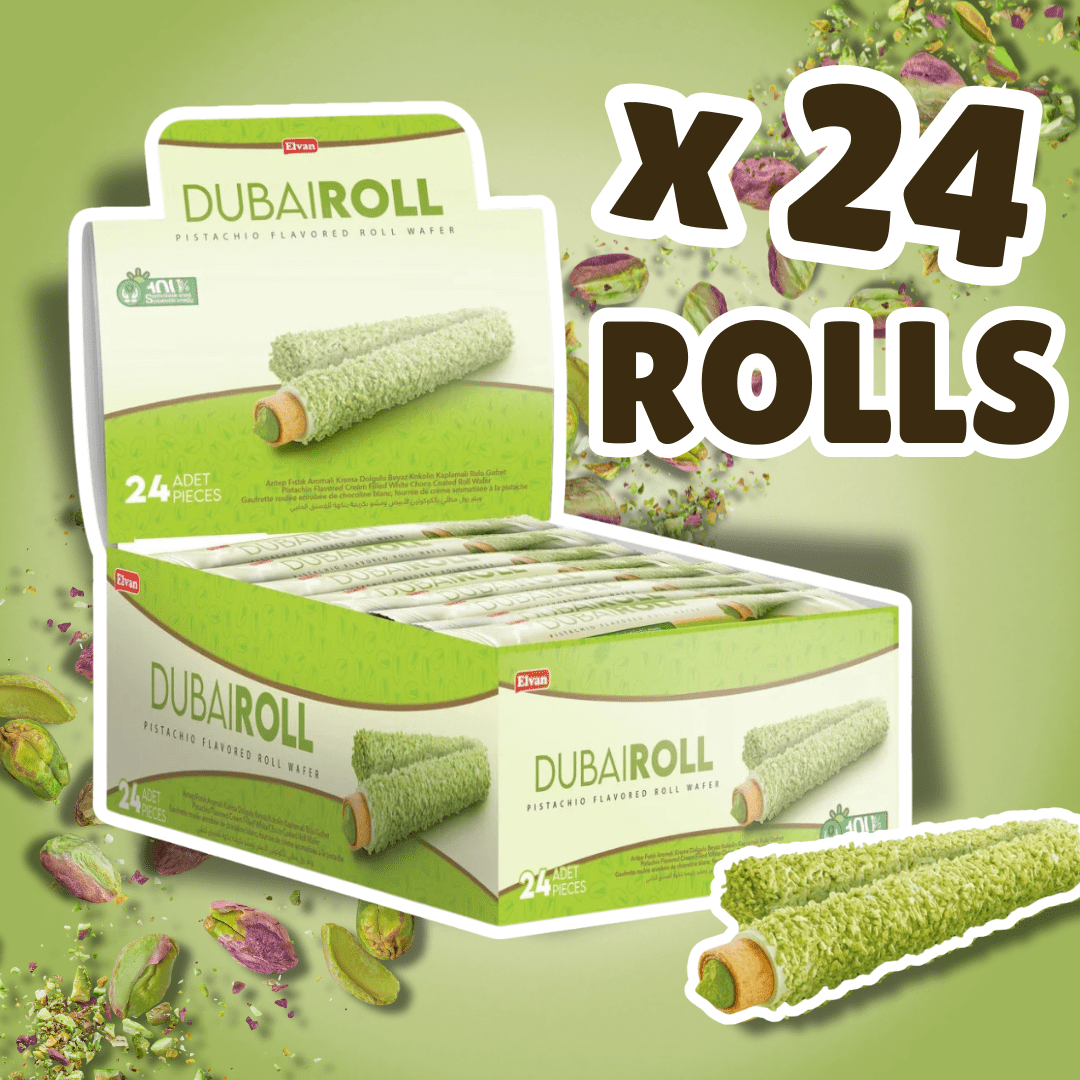 24× Elvan Dubai Roll Pistachio Flavored Roll Wafer – Crispy Wafer Rolls With Pistachio Flavor, 18g Each (432g)