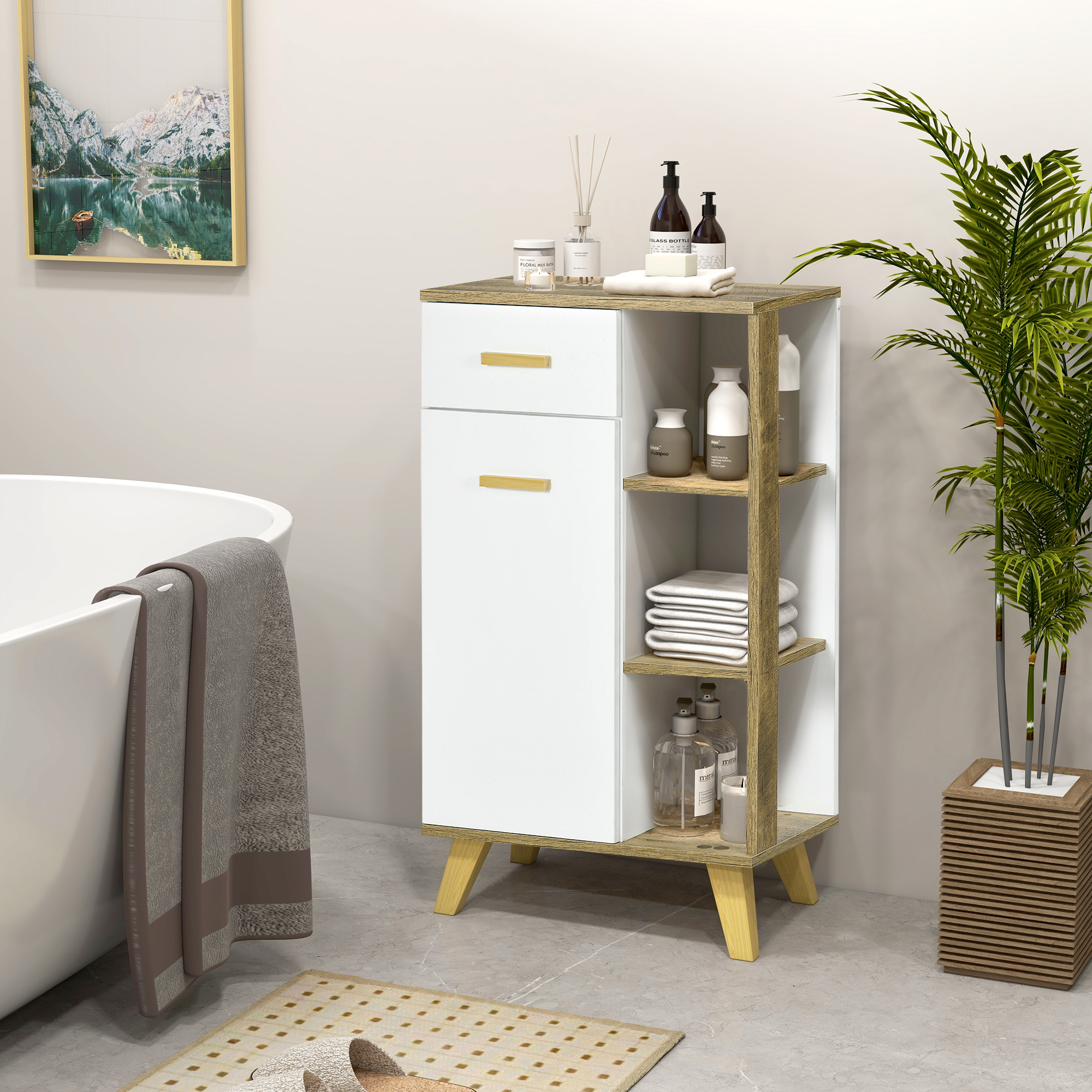 Modern Bathroom Cabinet With Cabinet, Drawer, And Wooden Shelves, Space- Raised Base Vanity Unit, 50x30x89cm, White
