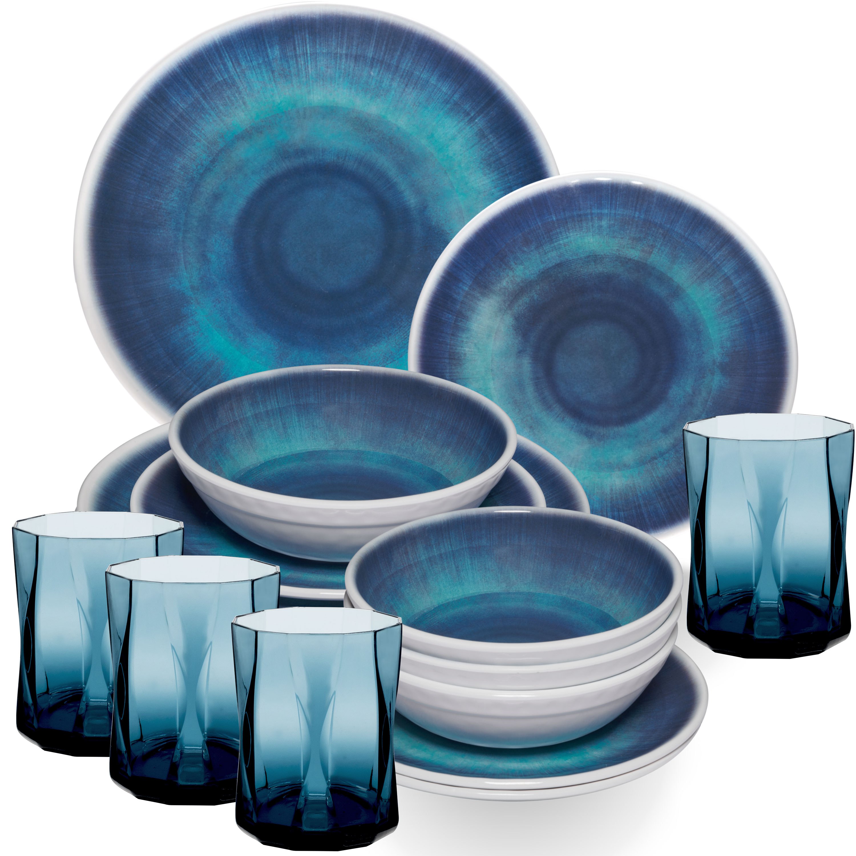 Melamine Dinnerware Set Blue For - 16 Pieces - With Matching 300ml Acrylic Drinking Glasses - Camping Tableware Set, Modern Colorful Melamine Dinnerware