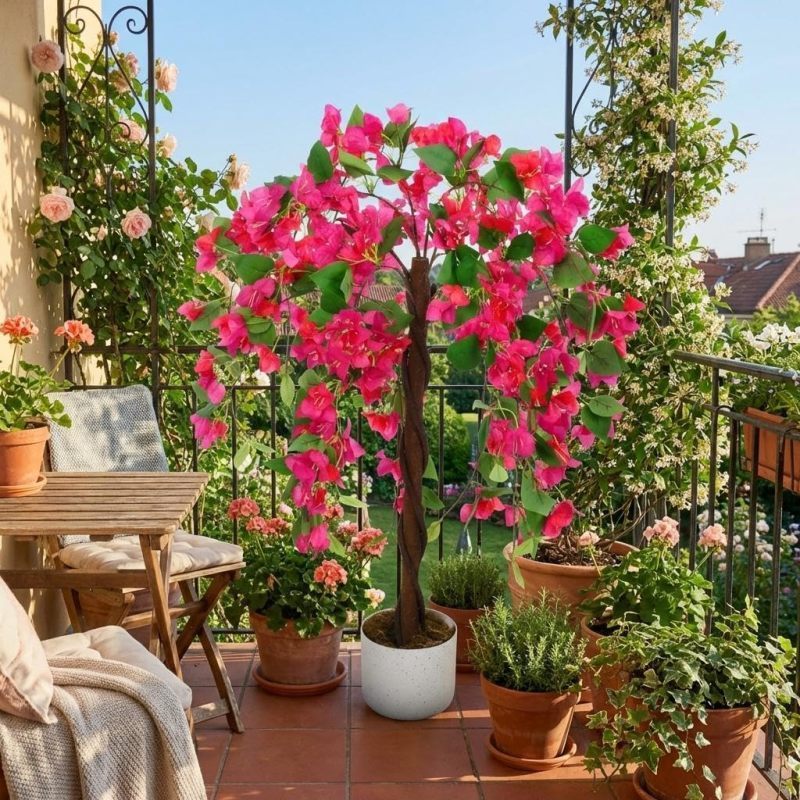 90/120/150cm Artificial , Artificial Bougainvillea Plant In Pot With Realistic Red Flowers And Natural Trunk, Artificial Tree For Decoration
