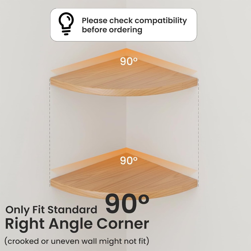 2pcs Solid Oak Corner Wall-Mounted Shelf with a Floating Rounded Corner Design And Cable Management Hole. This 90° Corner Wall-Mounted Shelf Is Suitable for Placing Speakers, Small Plants, Picture Frames, Etc., And Is Suitable for Bedrooms.