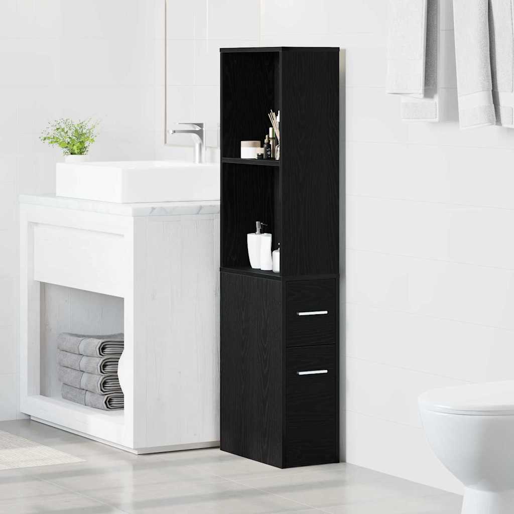 Image of Storage Cabinet In Black With Oak Wood Decor, 22 X 41 X 135 Cm, Modern Rectangular Design, With Drawers With Ball Bearings And Chrome Handles, Ideal For Bathroom, Easy To Assemble, 1pc, Vertical