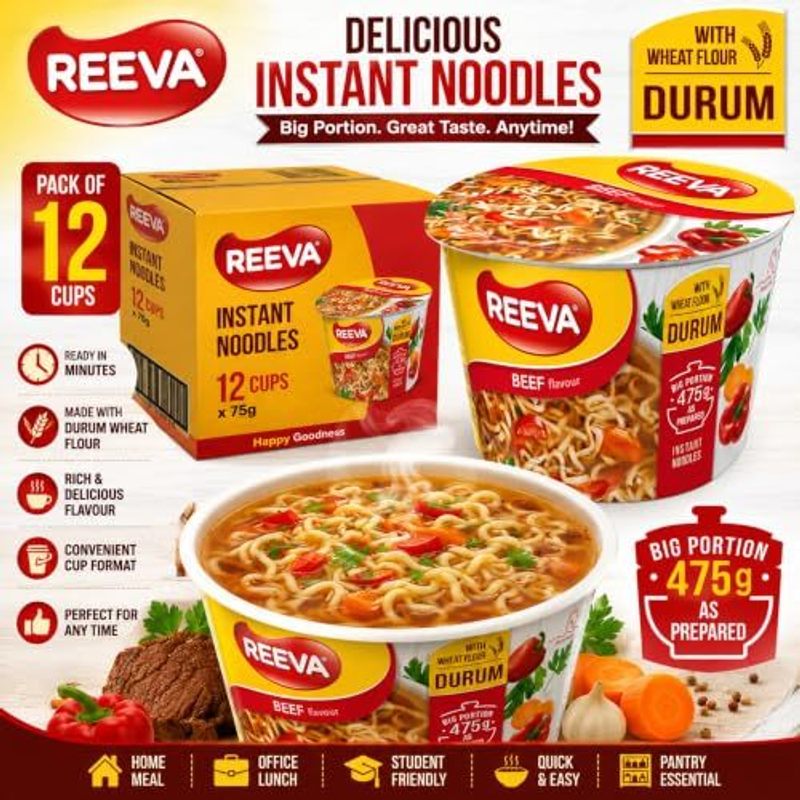 REEVA Instant Noodle Cups, 75g Each (Pack of 12)