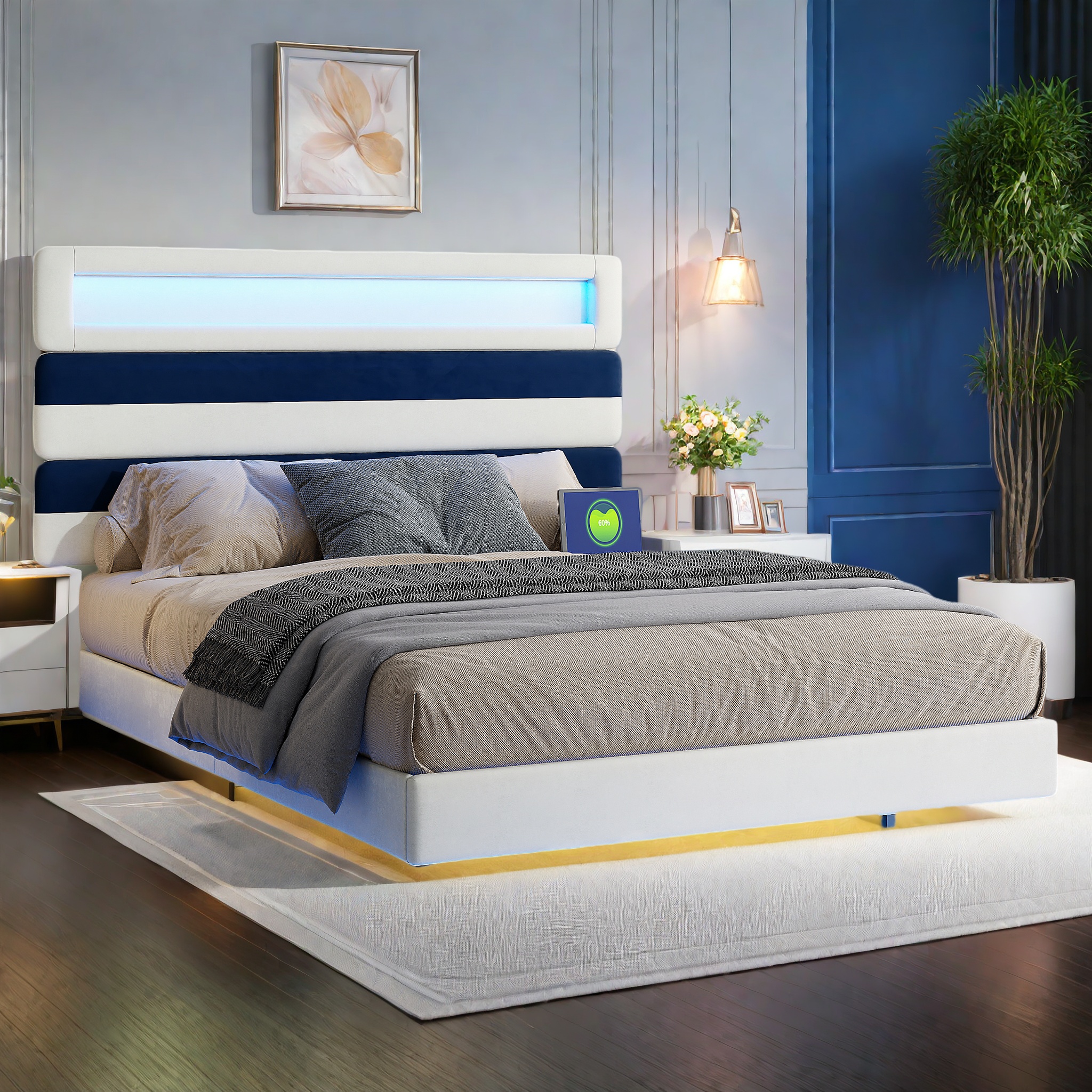 TEMU Lit Cadeau de Noël, Cadre de Lit Adulte 140 x 190 cm, avec Bande Lumineuse LED, Lit Double, Tête de Lit à Rayures Réglable, Facile à Assembler,