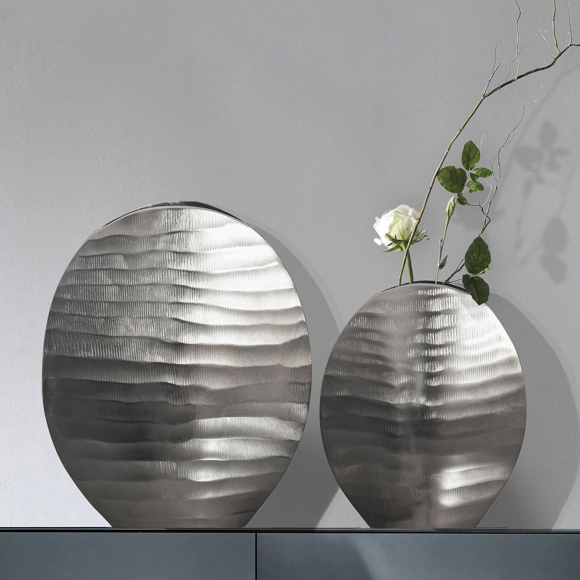 Image of Decorative Vase 2pcs Set Aluminum Flower Vase Wave Pattern Modern, Round Decorative Vase 2-part For Flowers, Aluminum Table Vase Home Decor Metal Table Decor Handmade