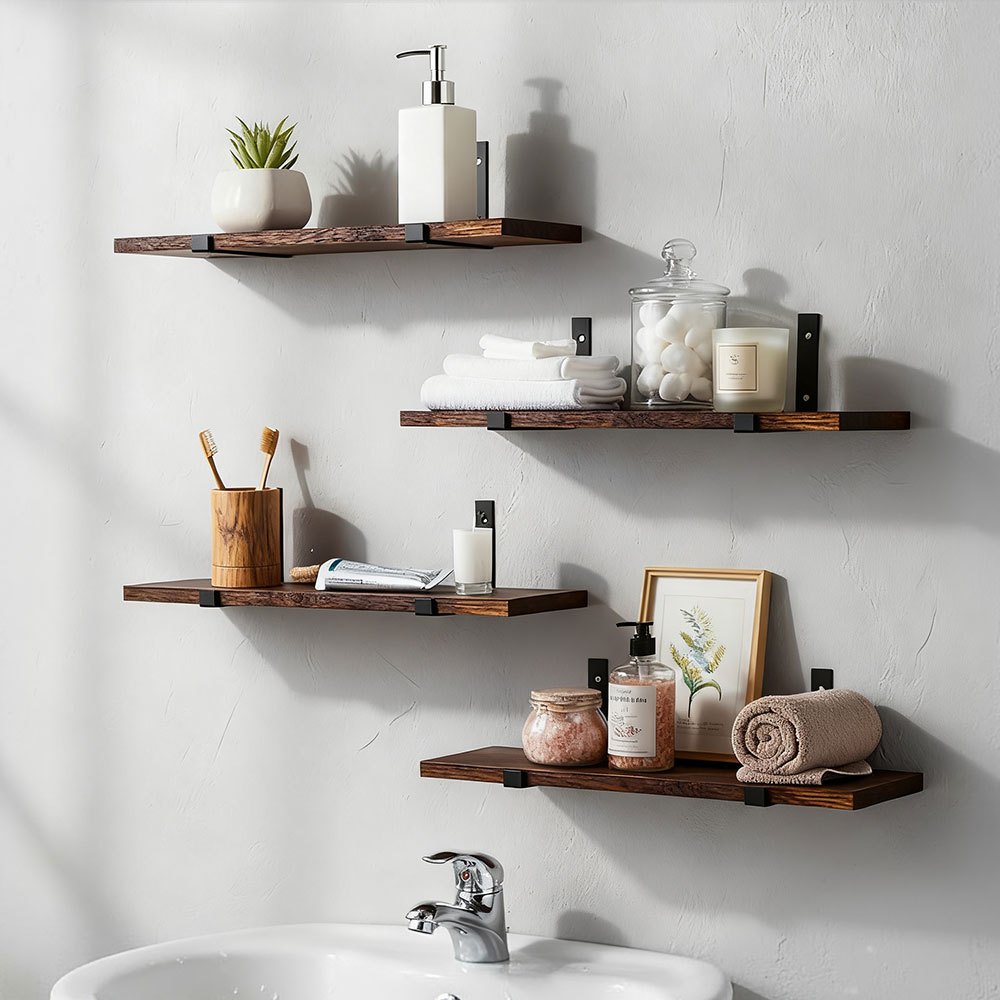TEMU Set Of 4/6 Floating Shelves, 40x15cm Wall Mounted Storage Rack, Industrial Wood & Iron Brackets For Living Room, Bedroom, Kitchen Organisation
