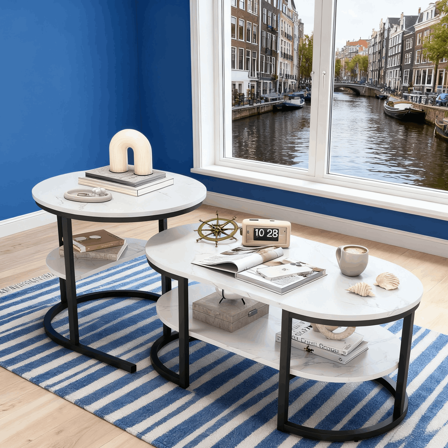 TEMU Luminarix Set Of 2 Round And Oval Coffee Tables With Storage Space, High-quality Wood Top, Metal Frame, Living Room Table, Coffee Table, White
