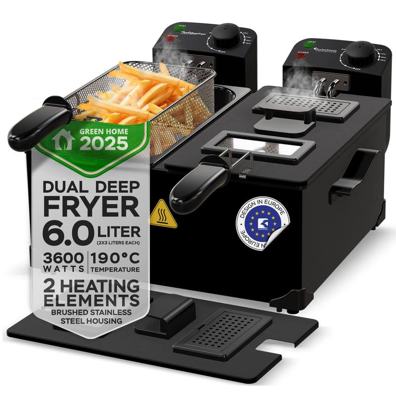 Image of Turbotronic Dual Fryer - Df2 - 3600w Stainless Steel, 2×3l Cold Zone Fryer With Viewing Window, Dishwasher Safe, 0– Temperature Control