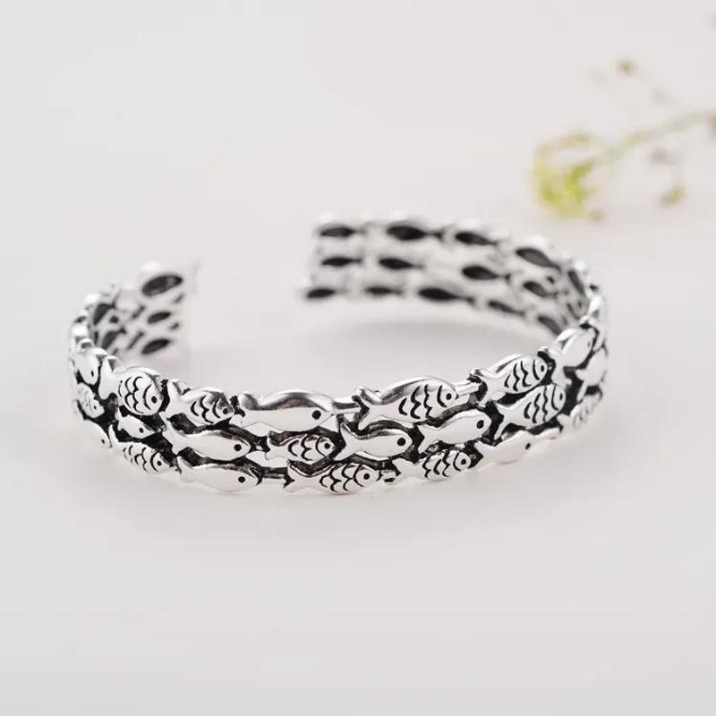 Image of Vintage Bracelet Made Of 925 Silvery - Fish School Design - Fish