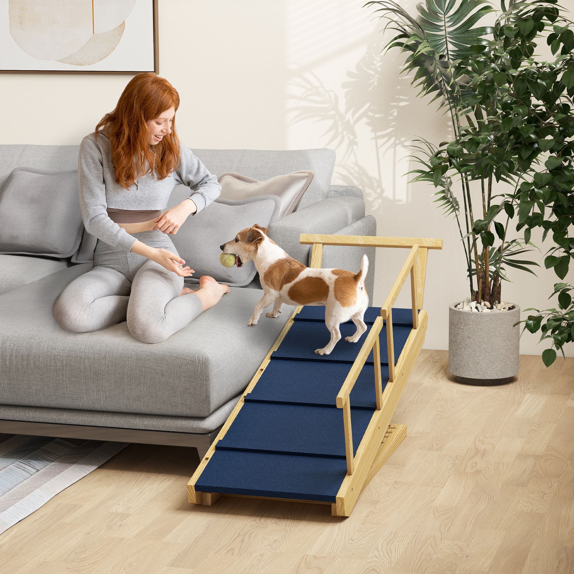 Image of Dog Ramp For Bed And Couch, Foldable Pet Ramp With Safety Railing, 4 Adjustable Heights From 27 To 61 Cm, Anti-slip Pad 85 Cm Dog Stairs For Pets Up To 40 Kg Natural