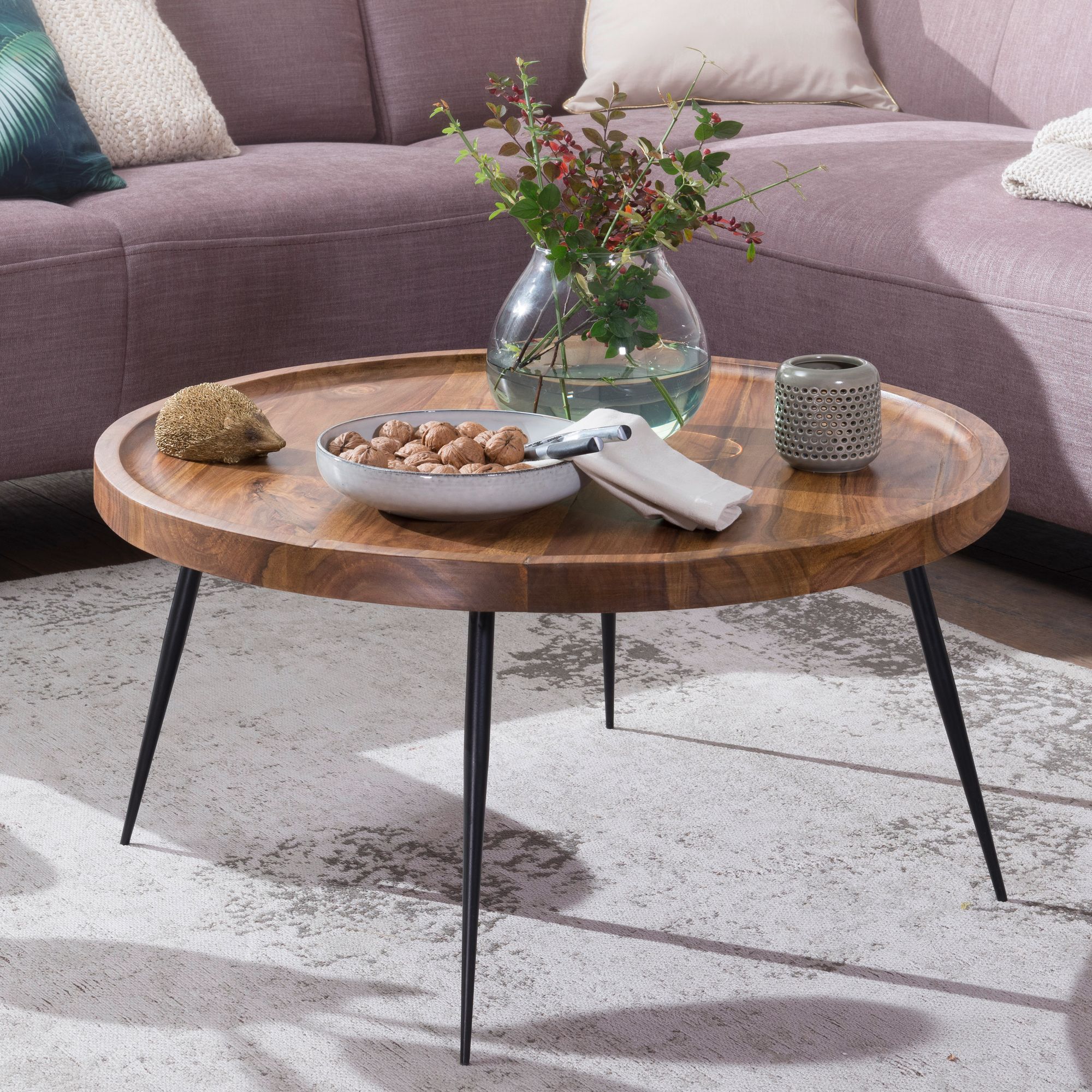 Coffee Table 75x39x75 Cm Solid Wood / Metal Sofa Table, Round Living Room , Living Room Table, Designer Solid Wood Coffee Table, Living Room Table