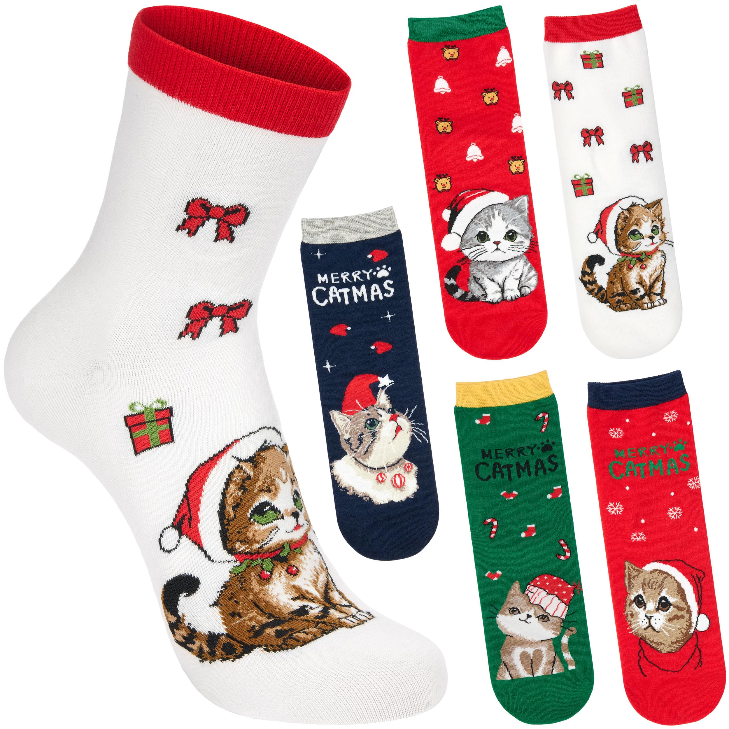 Image of Brubaker 5 Pairs Of Christmas Cat Socks For Women And Men - Merry Catmas - Funny Christmas Socks - Colorful Sock Set - Warm And Soft