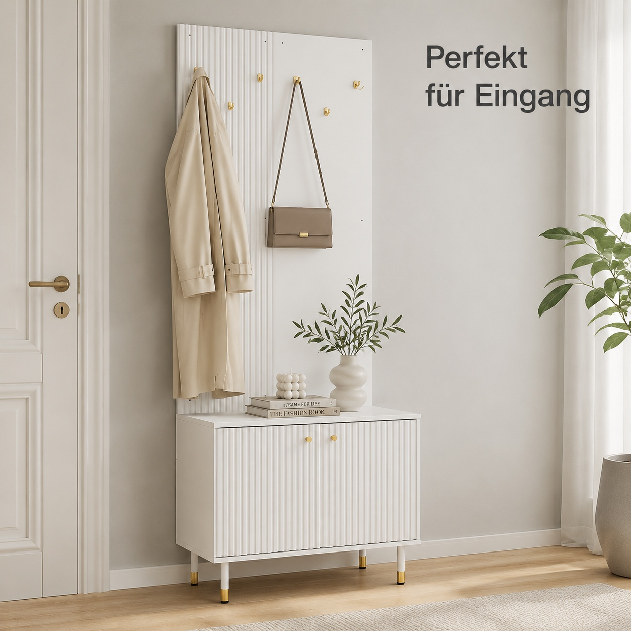 Image of Combination Wardrobe With Shoe Cabinet 70x35x180 Cm - 6 Hooks + Shelf + Adjustable Shoe Compartment - Golden Handles & Feet - -one Furniture For Hallway And Living Room
