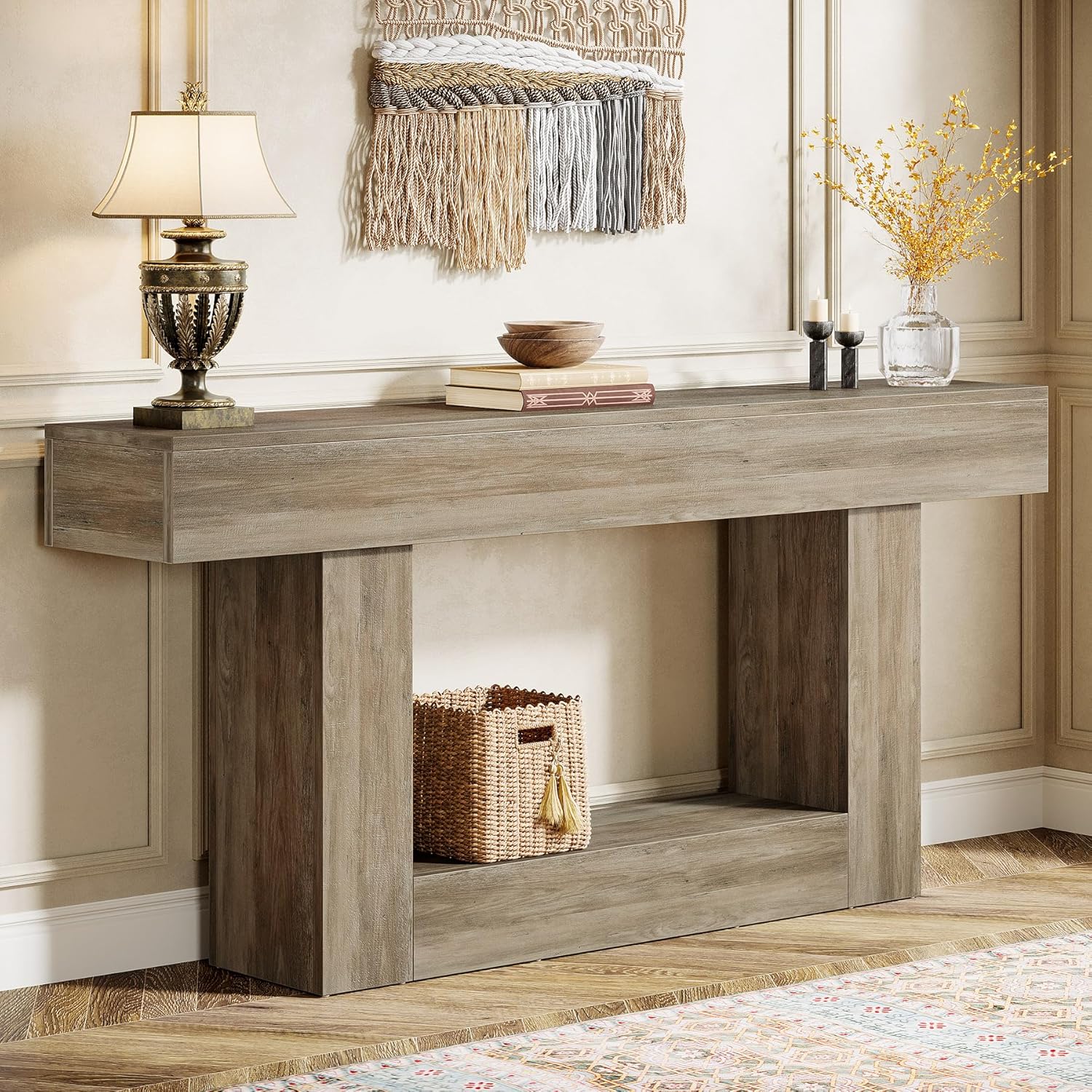 Modern Console Table, 160cm Long, 2-tier Entrance Table, Sofa Table With Storage, Farmhouse Wood Behind Coffee Table For Living Room, Hallway (light Grey)