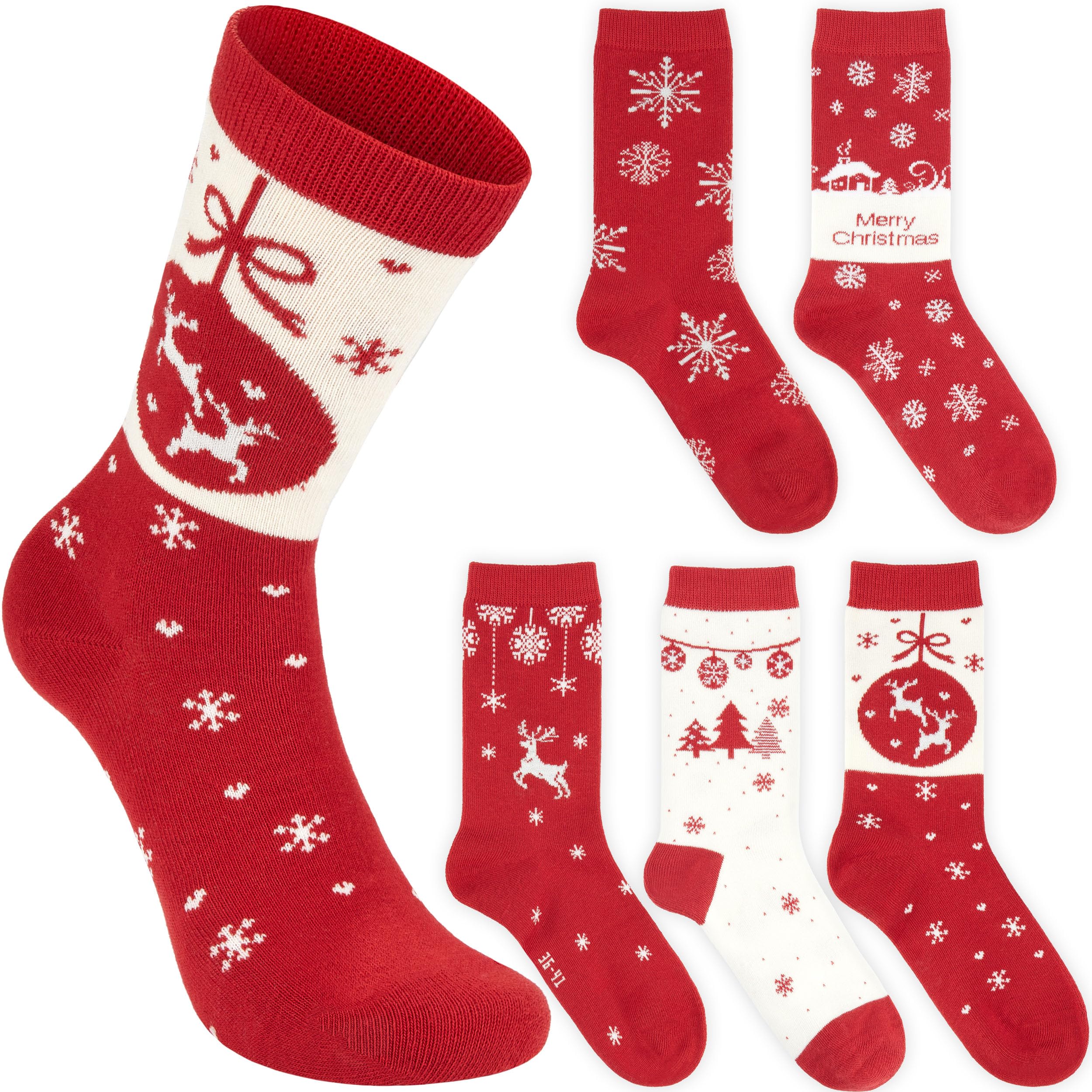 Image of Brubaker 5 Pairs Of Christmas Socks With Pattern - Reindeer & Snowflakes - Cotton Winter Socks - Women's Christmas Sock Set In - Gift For Women - Size 36-41