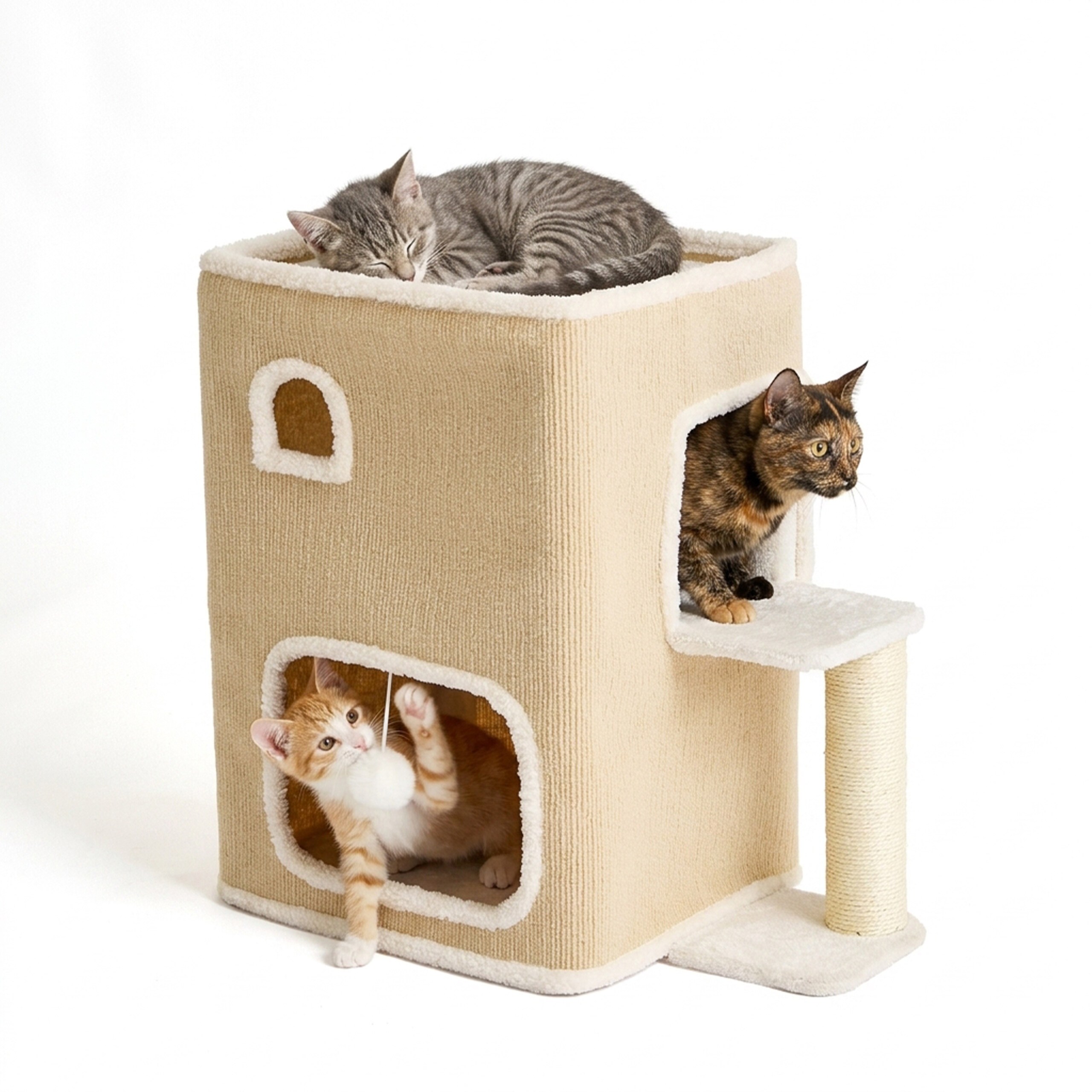 Image of Cat House In Beige/white - (w)57.5 X (h)58 X (d)35 Cm