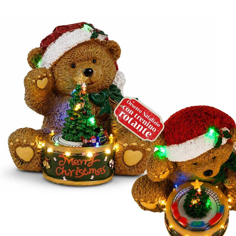 TEMU Christmas Luminous Raccoon With Rotating Train And Carillon, Teddy Xmas Bear Station, 20.5 Cm Led Christmas Decoration In Polyresin