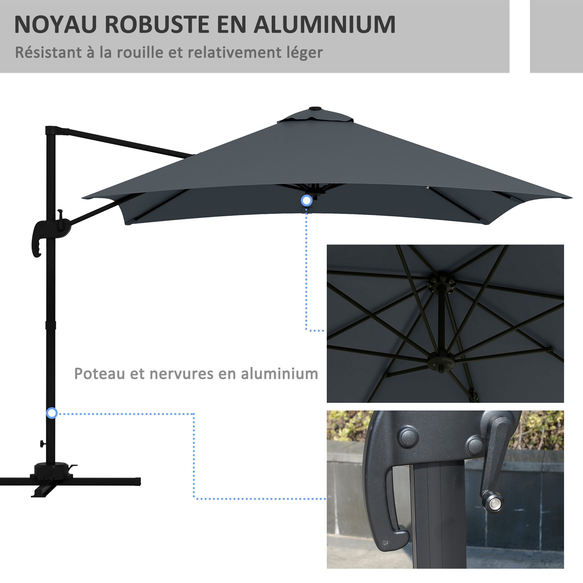 Outsunny Offset Square Tilting 360° Rotating Parasol with Crank Handle - Aluminium 3L X 3L X 2.6H M Dark Grey