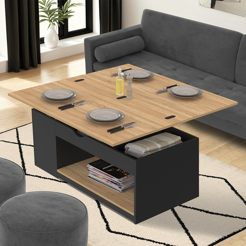 TEMU Table basse plateau relevable rectangulaire convertible en table à manger ELEA 100 cm et façon hêtre