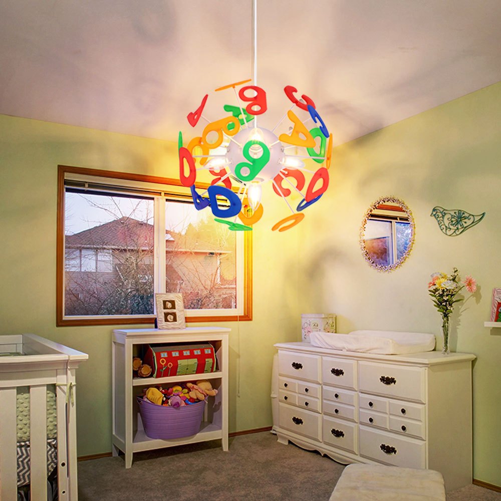 Children's Room Pendant Light, Hanging Lamp With Letters, Spherical Shape, Colorful Plastic, Sockets 4x E14, Dxh 35x120 Cm