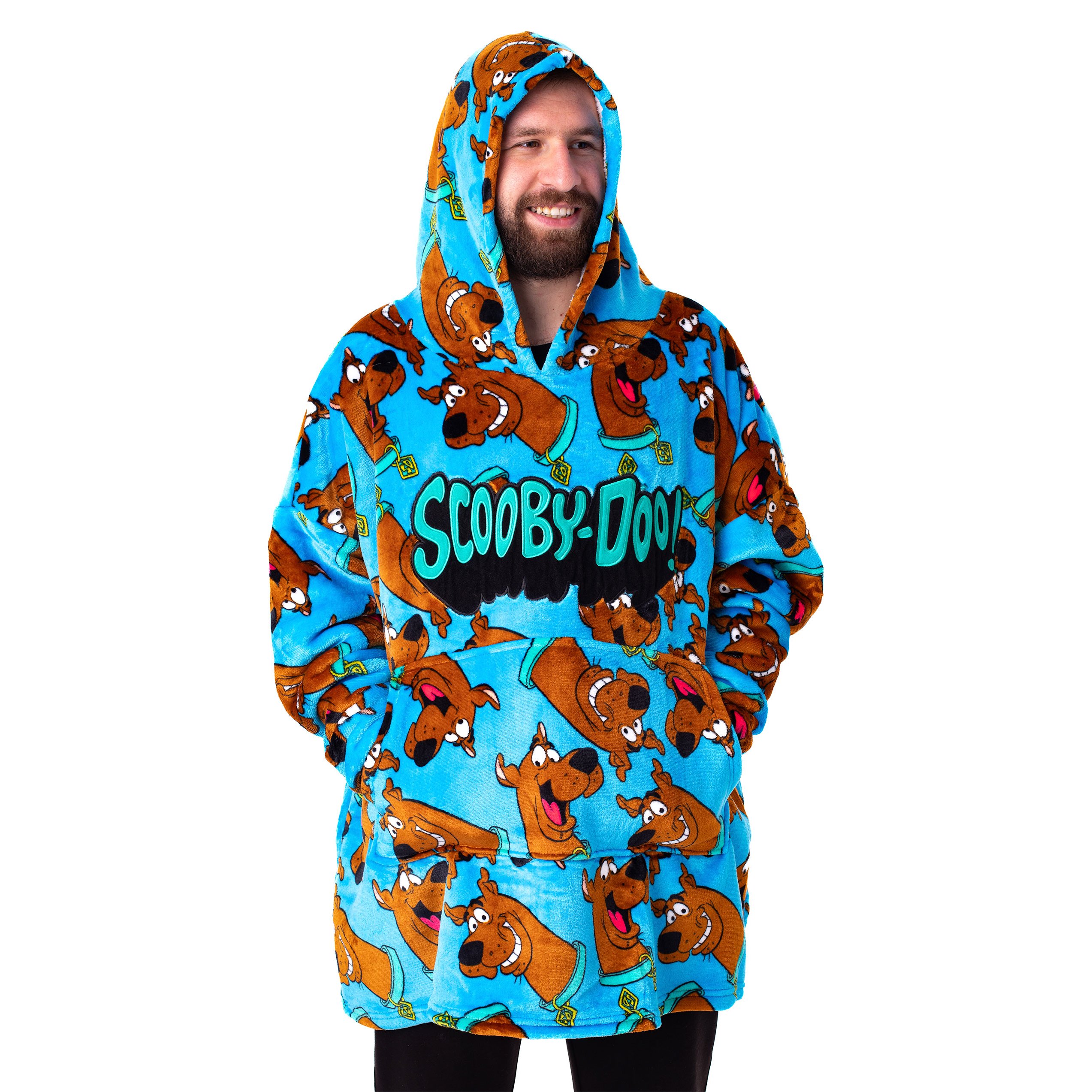 TEMU Scooby Doo Mens Wearable Blanket Hoodie | Adults Hooded Pullover In Blue With Scooby Doo Character All Over Graphic Print | Sherpa Lined