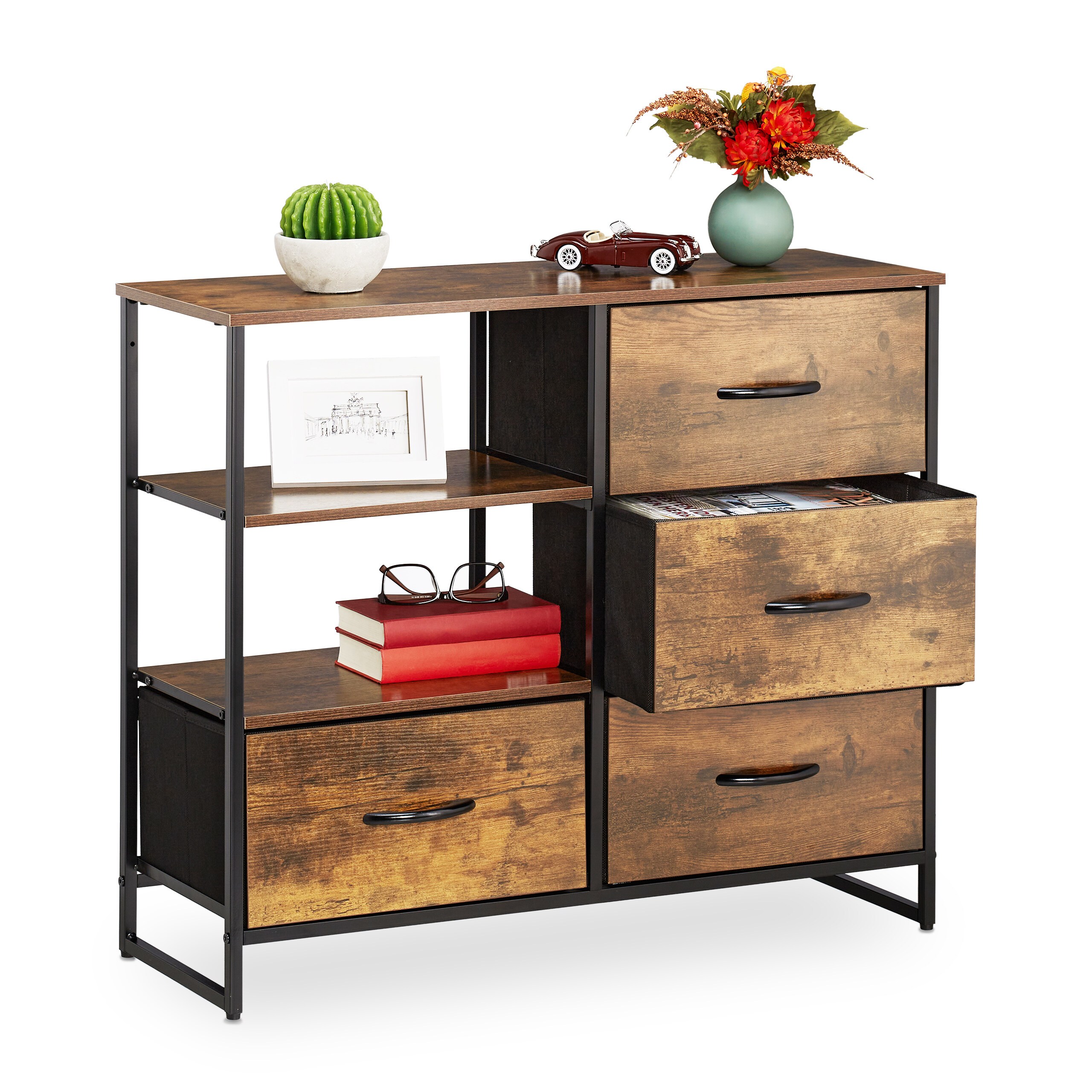 TEMU Cassettiera, stile industriale, 4 cassetti, 2 aperti, 71.5 x 84 x 32.5 cm, MDF, ferro e tessuto, legno marrone scuro, struttura , con materiale