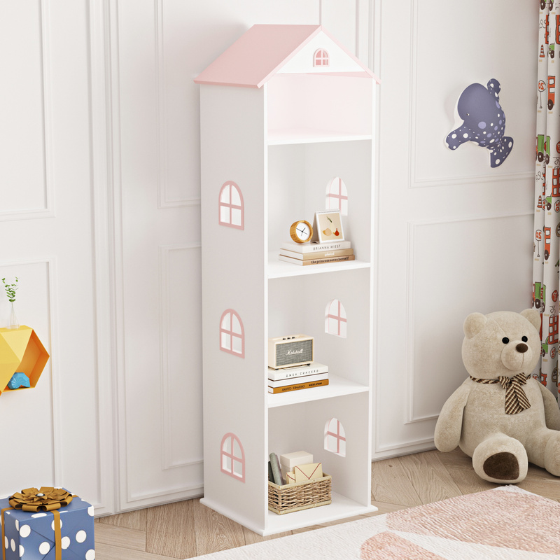 Leksand Children's Shelf In House Design With 4 Open Compartments 140 X 40 X 35 Cm White / Pink