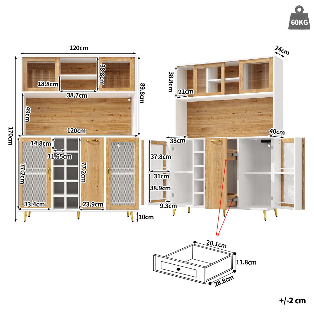 Image of Buffet Cabinet 120x40x170cm,, 4 Cabinets, Wine Rack, Pull-out Drawer, Worktop, Golden Metal Handles, Anti-tip System, Easy To Clean, White With Wood Decor For Kitchen, Living Room And Dining Area