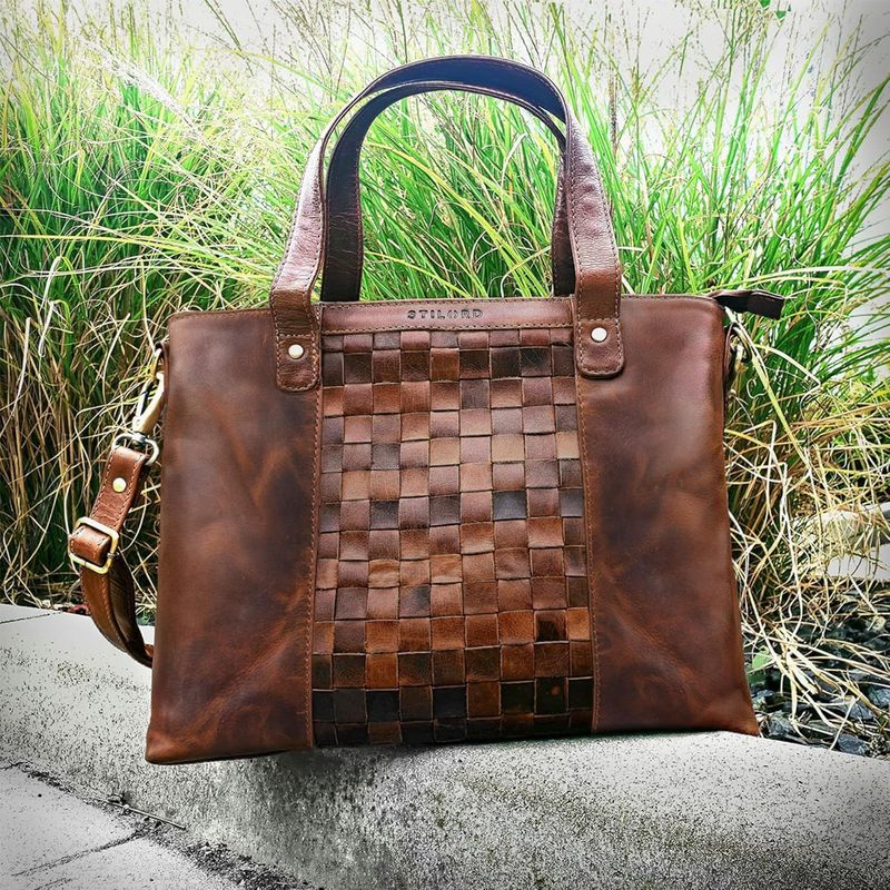 Braided Leather Handbag with Removable Shoulder Strap, Medium Large Shopper Bag, Evening Bag for Women, Genuine Leather, Brown