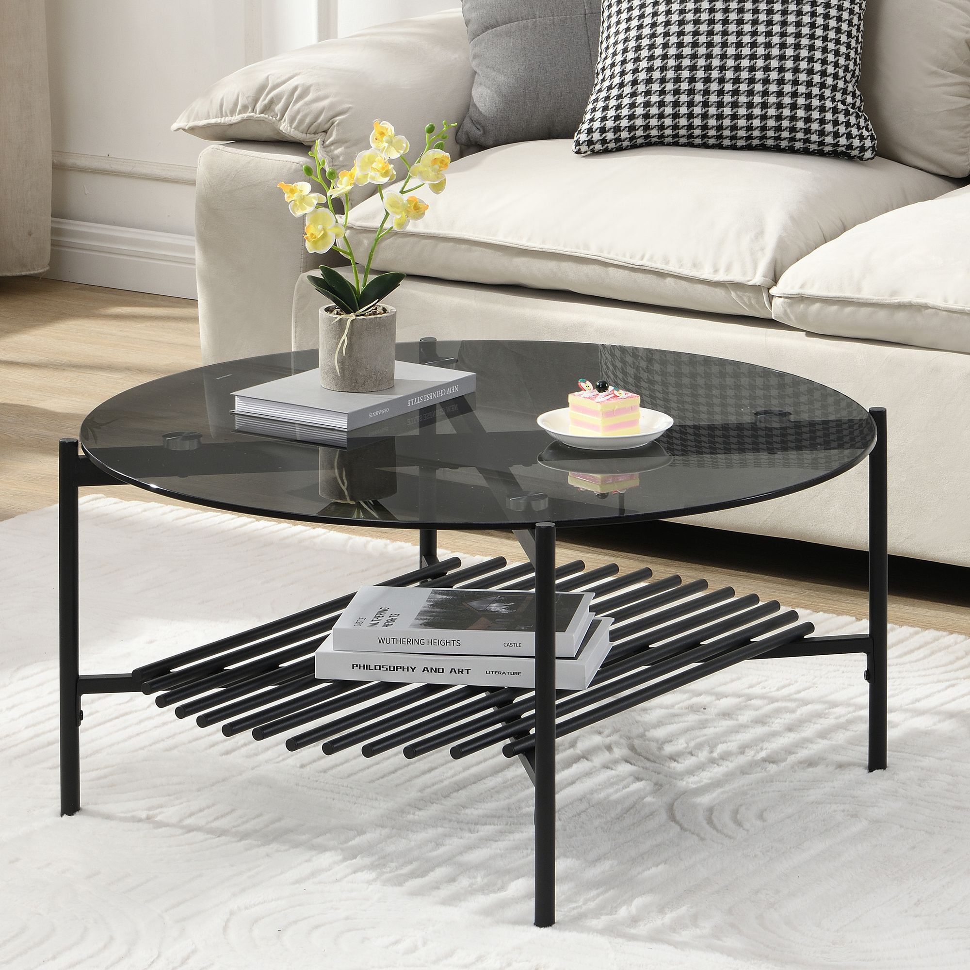 Image of Round Glass And Metal Coffee Table, 80x40 Cm, Black, Modern Living Room Table With Shelf, Sofa Table With Storage Space, Loft Coffee Table In