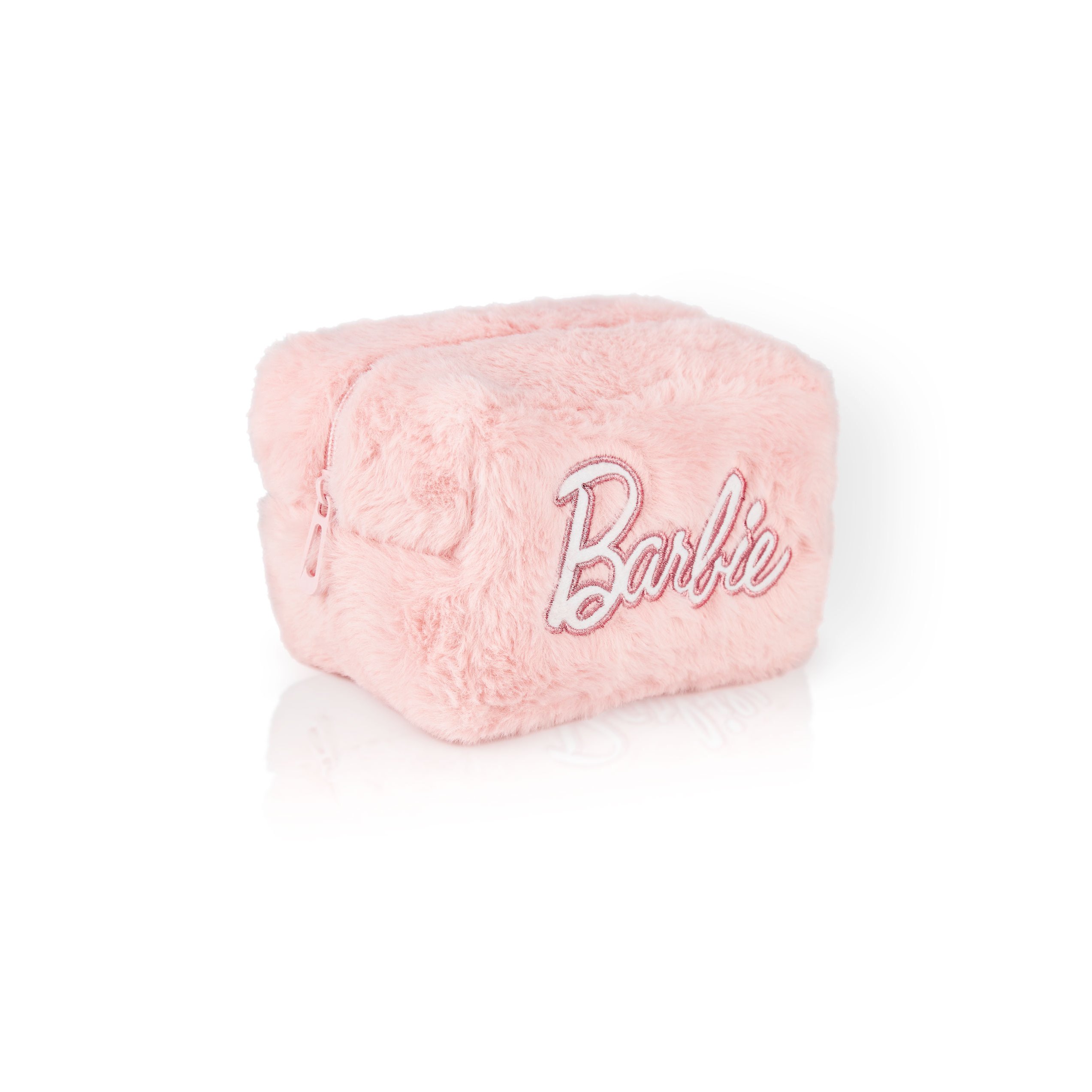 TEMU Womens Fluffy Makeup Bag | Ladies All Over Faux Fur With Embroidered Pink | Classic Logo Zip Cosmetic Storage Bag Doll Apparel Container With