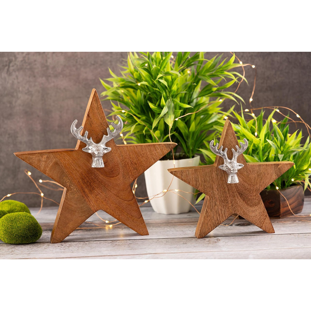 E-shop Holzfigur Stern 2er Set mit Hirschkopf Größe 25/19cm Aufsteller Mangoholz Aluminium