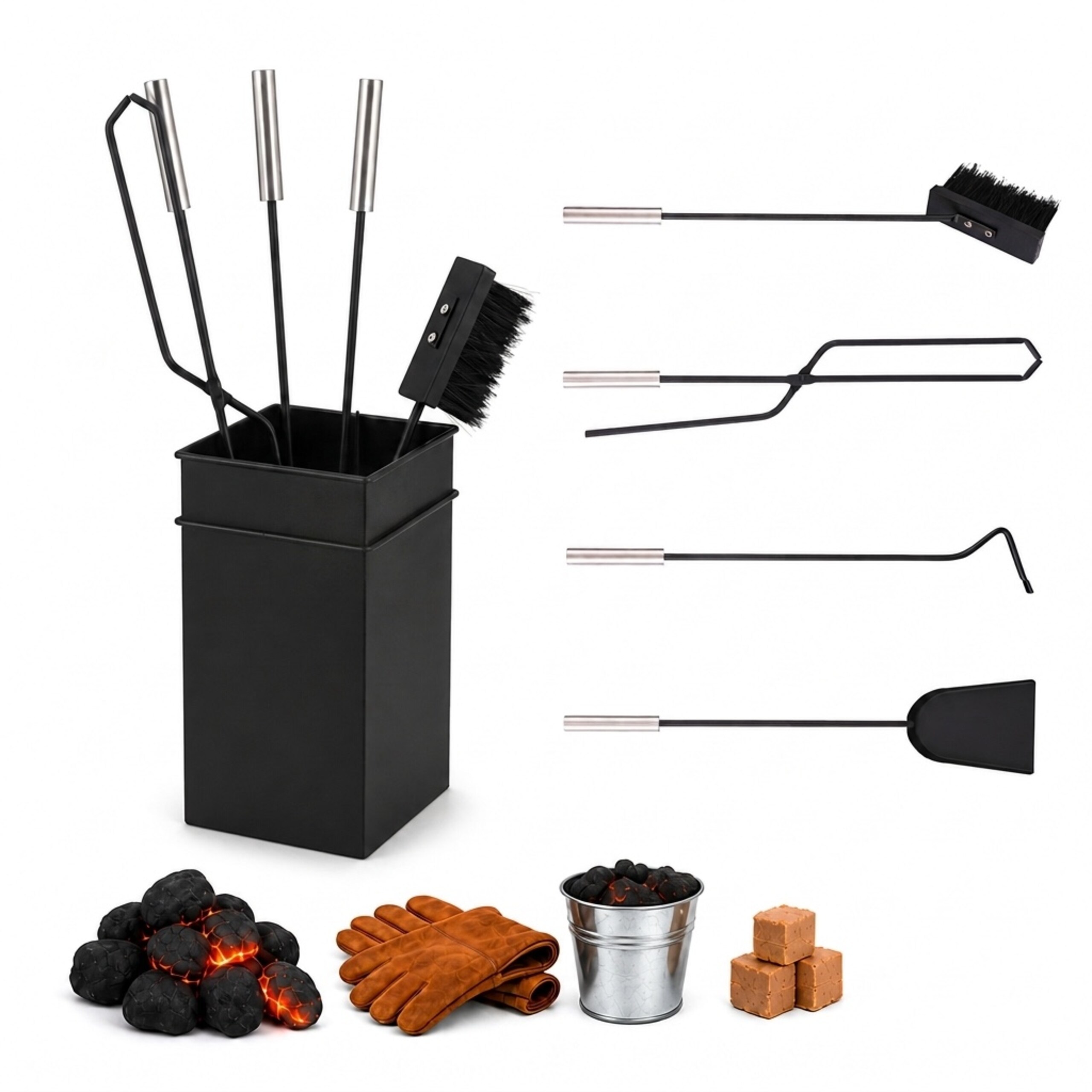 TEMU Set 5 pezzi, ferro battuto, , supporto 35 x 16 x 16 cm, attizzatoio 52 cm, pinza 53 cm, paletta 54 cm, 53 cm, per , stufa e , accessori per ,