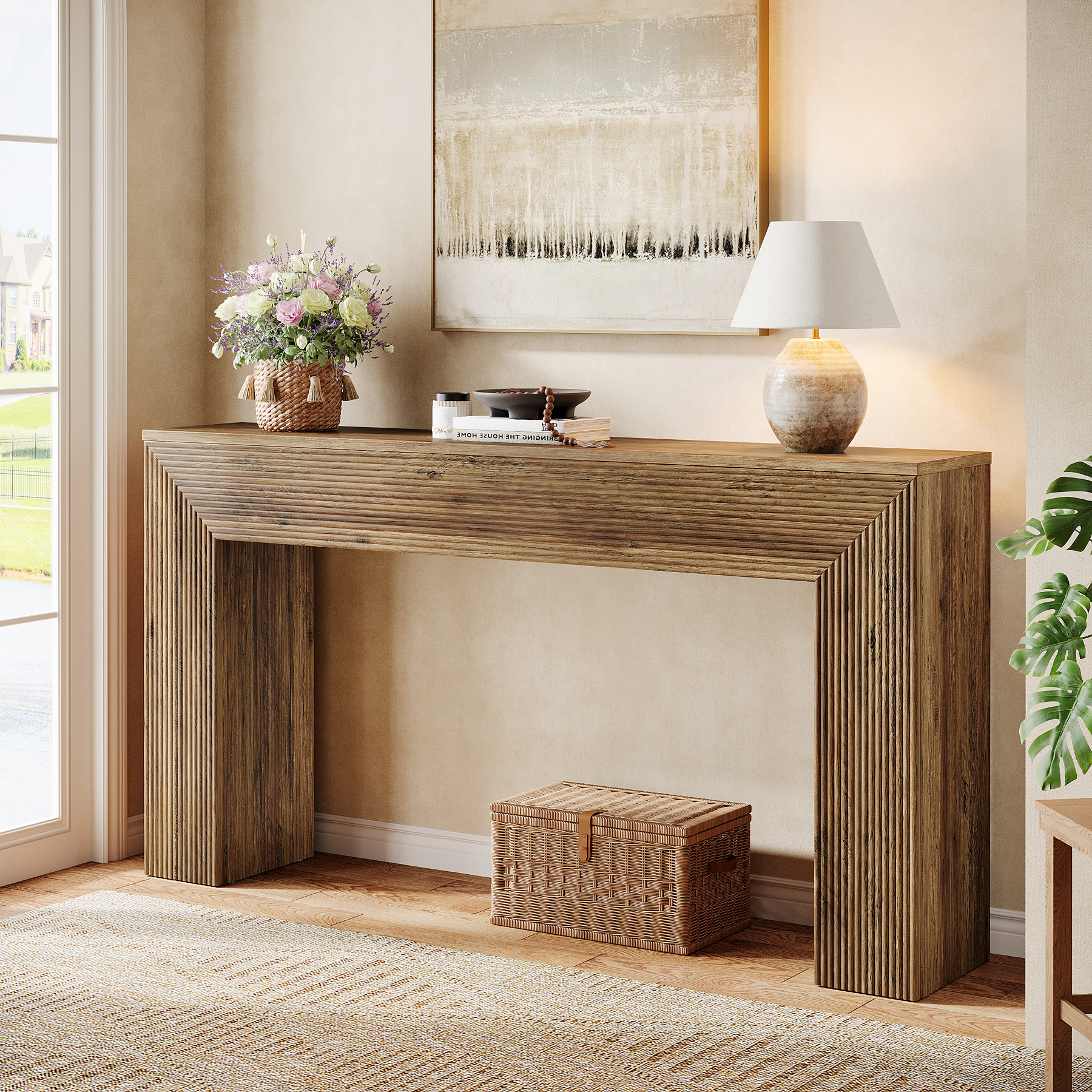 E-shop 160 cm Konsoltisch mit Wellendesign, rustikaler, schmaler Flur-Sofatisch für hinter dem Sofa, Eingangsbereich, Wohnzimmer, Foyer.