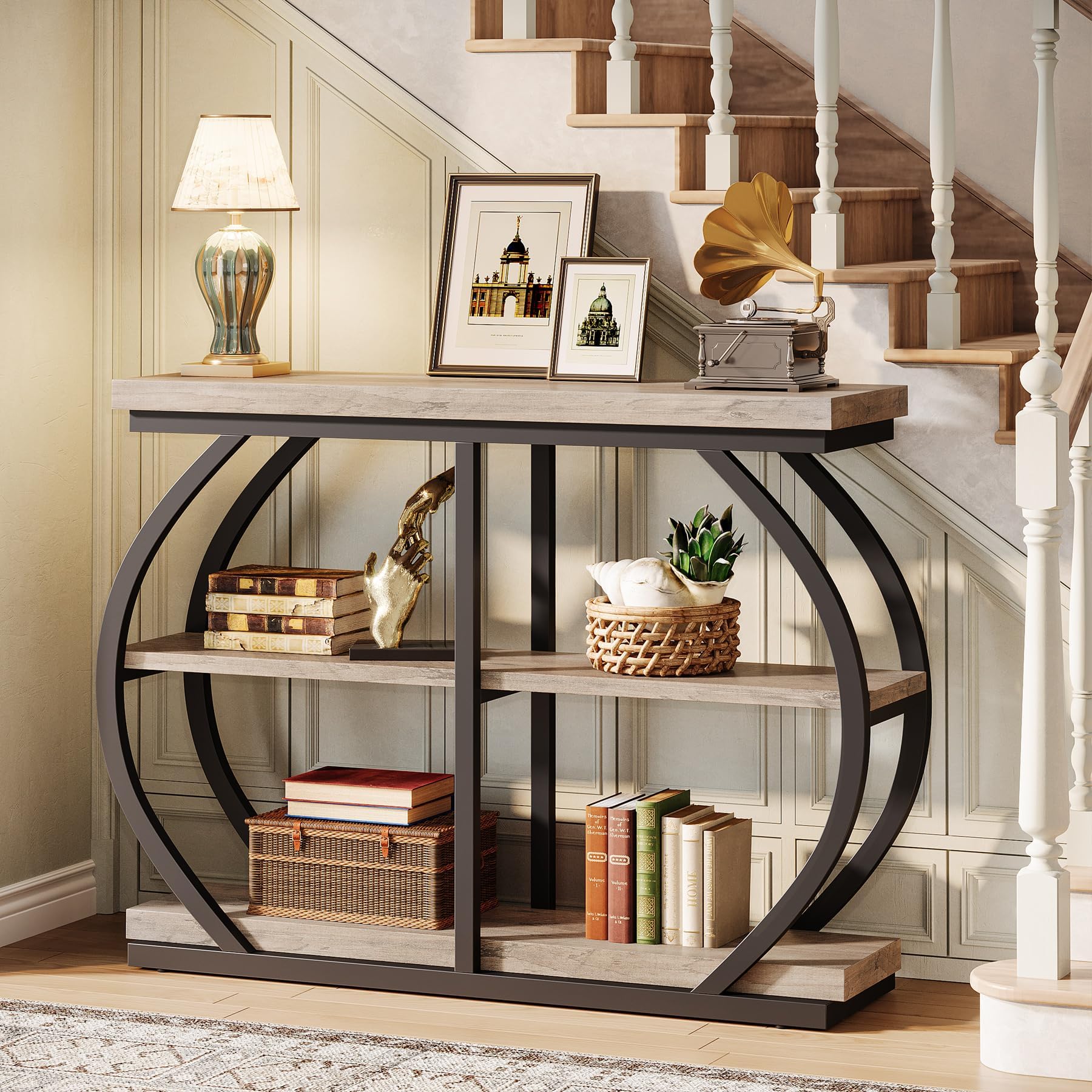 Image of Modern 105 Cm Console Table, Industrial 3-tier Sofa Table, Vintage Entryway Table With Arched Metal Frame And Storage Shelves For Living Room, Bedroom, Hallway, Light Grey