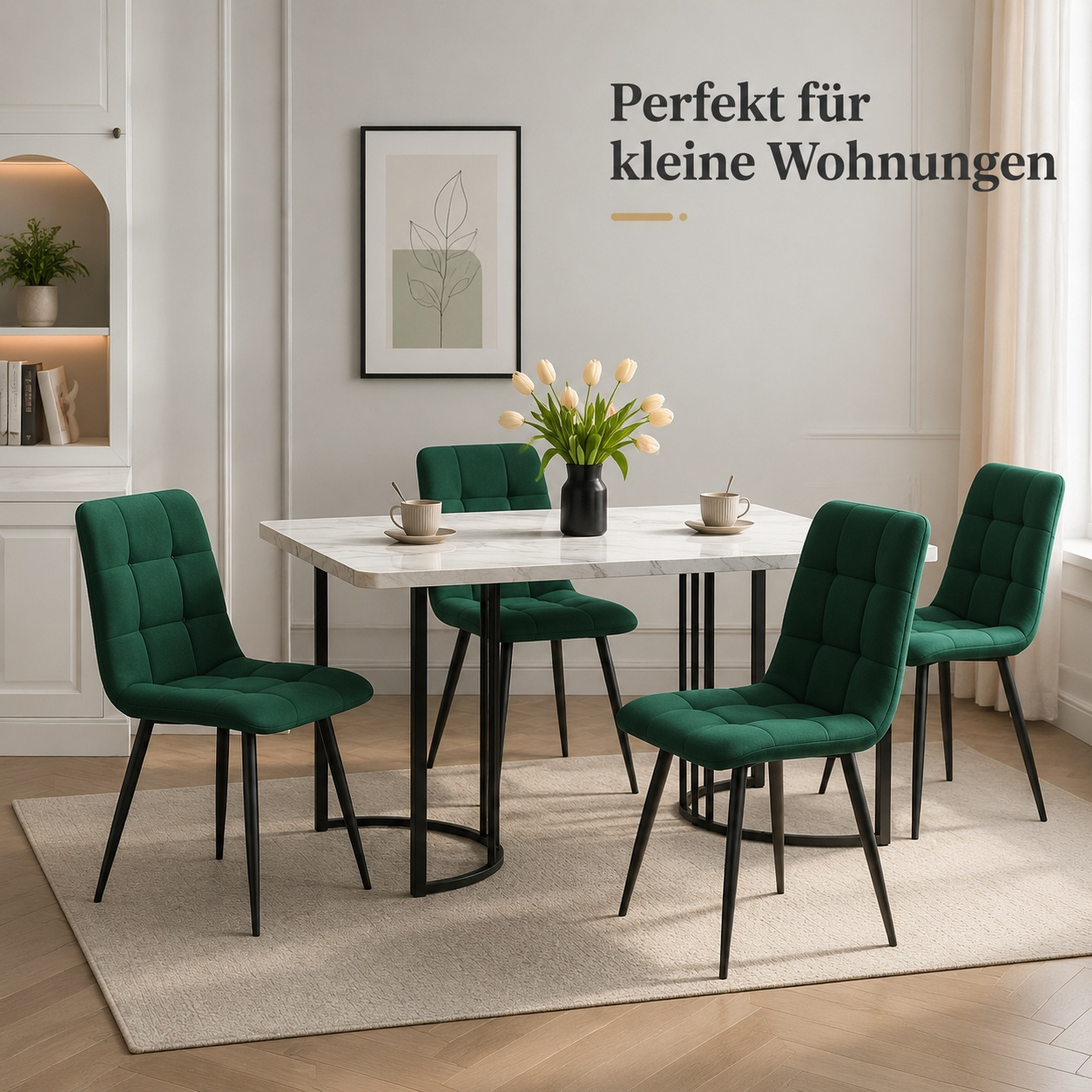 Image of 5-piece Dining Set, 140x80cm Dining Table With Marble Pattern + 4 Dark Green Velvet Dining Chairs, For Kitchen, Living Room, Office