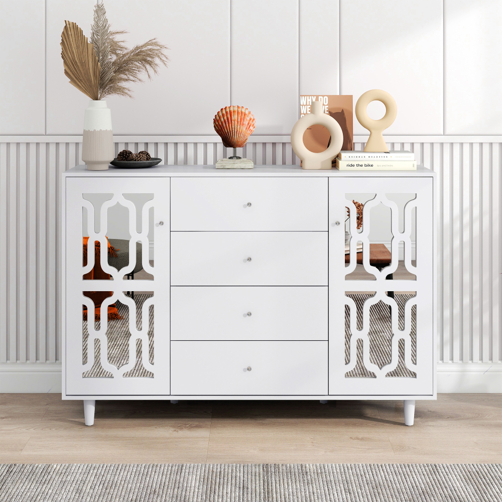 Image of Luxurious Dresser With - 2 Doors (adjustable Shelves) + 4 Drawers - Crystal Handle, Solid Wood Legs - White, - As Sideboard, Hallway Dresser, Living Room Cabinet - 147.5x40x102cm