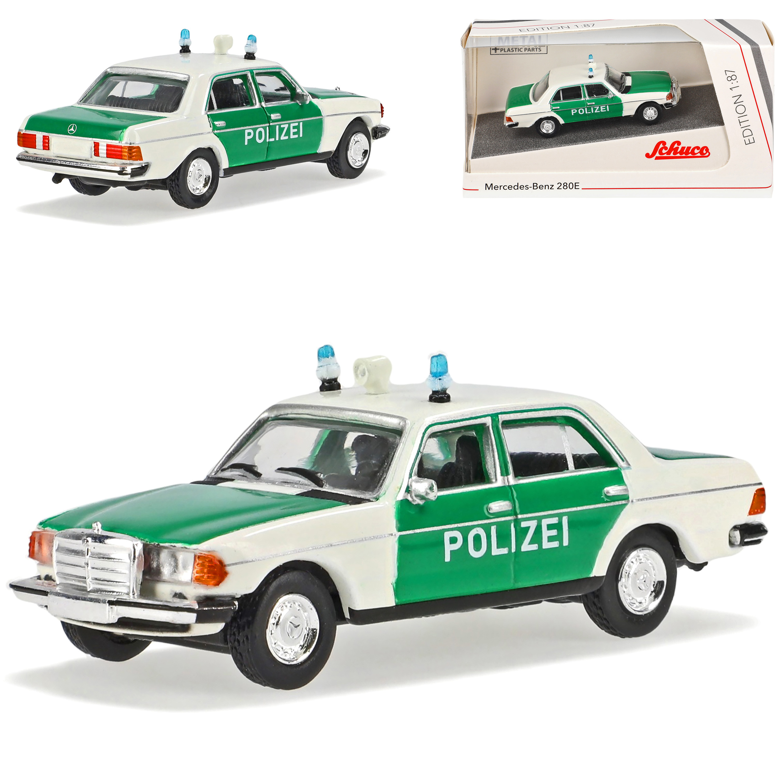 Image of Mercedes-benz W123 280e Sedan Police White Green 1975-1986 H0 1/87 Schuco Model Car