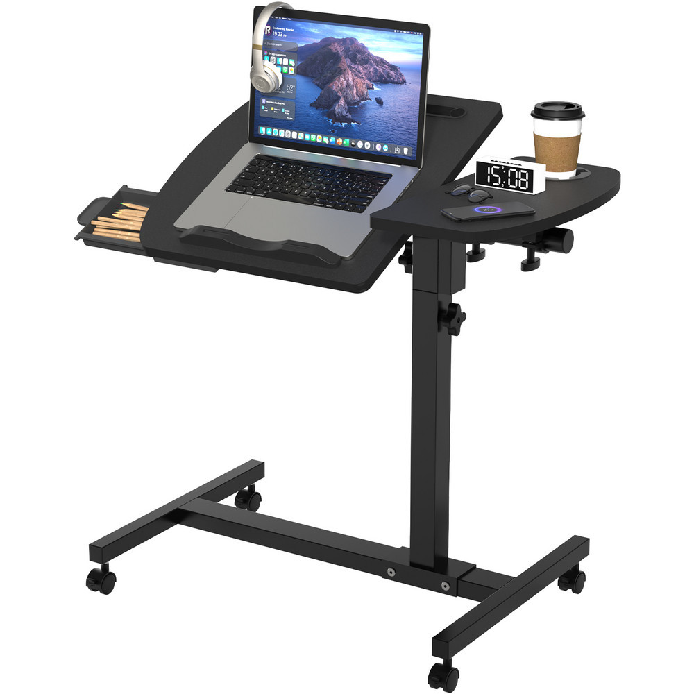 Image of Lingsen Desk With Height And Tilt-adjustable Wheels, Computer Desk With Non-slip Blocks, Laptop Stand, Small Drawer, Cup Holder, Mobile Laptop Table