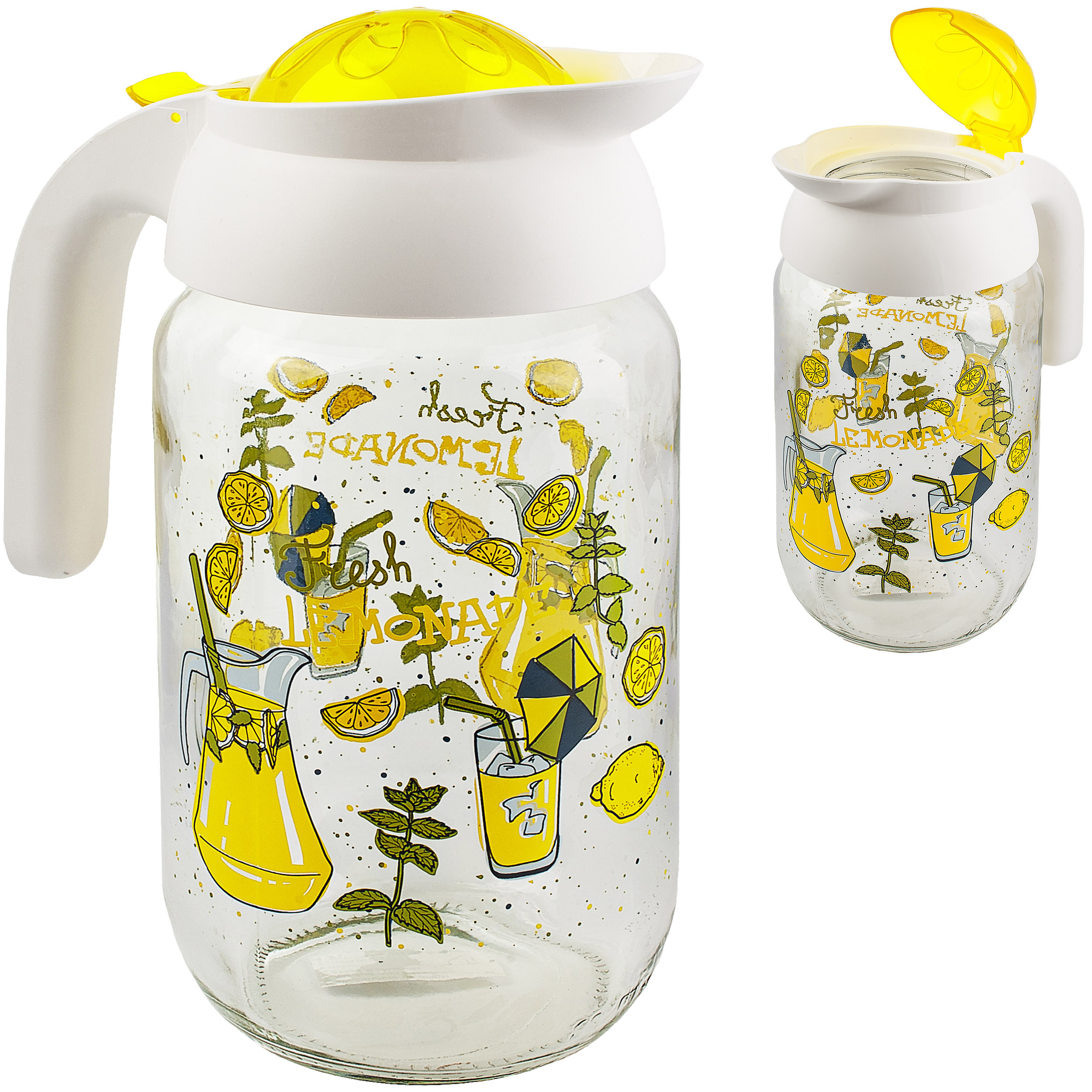 Image of 1.5 Liter - Large Glass - Jug / Pitcher / Water Carafe - Beverage Dispenser - Lid With & Spout - Fruit & Lemons - Water Jug Carafe Glass..