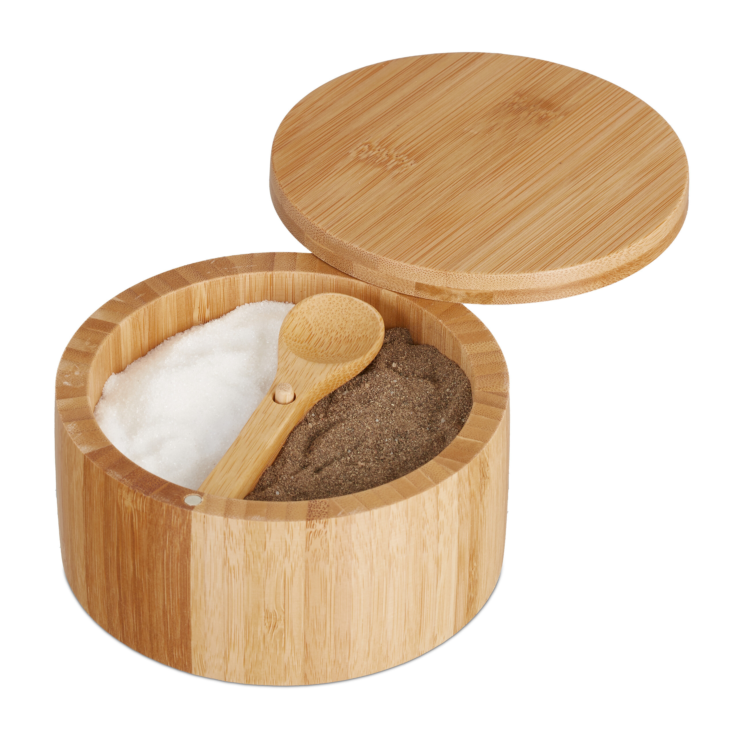 Image of Round Bamboo Salt Shaker With 2 Compartments, 6.5 X 12.5 Cm, Featuring A Lid, Spoon, And Magnetic Closure, Natural, For Kitchen, Dining Table, And Spice Storage, , Spice Jar, Salt Container, Relaxdays