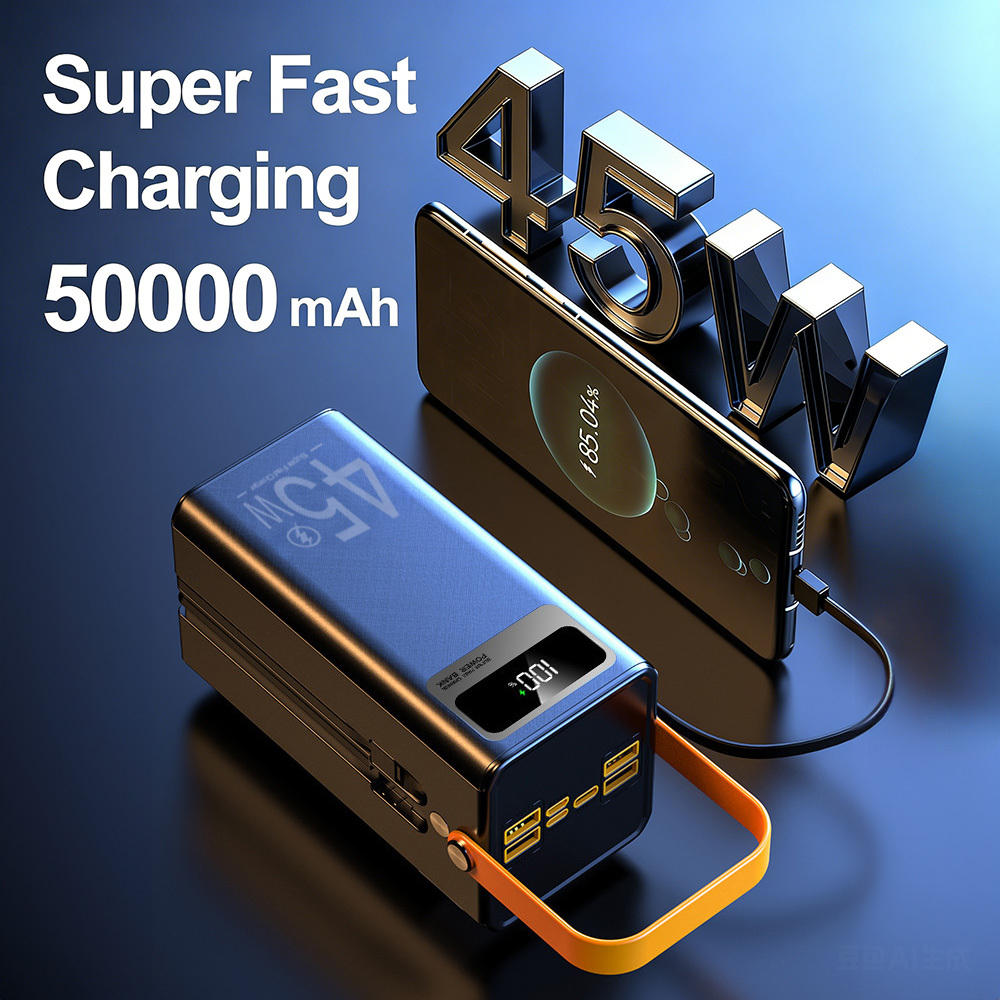 Image of 50000mah Power Bank, 45w Portable Fast Charger With Led Light, With Built-in Cables, 4 Outputs And 3 , Perfect For Outdoor Use Such As Camping, Hiking, Boating